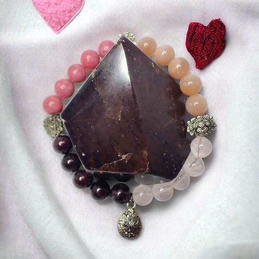 Garnet, Madagascar rose quartz, peach moonstone, and rhodonite stretch bracelet image 0