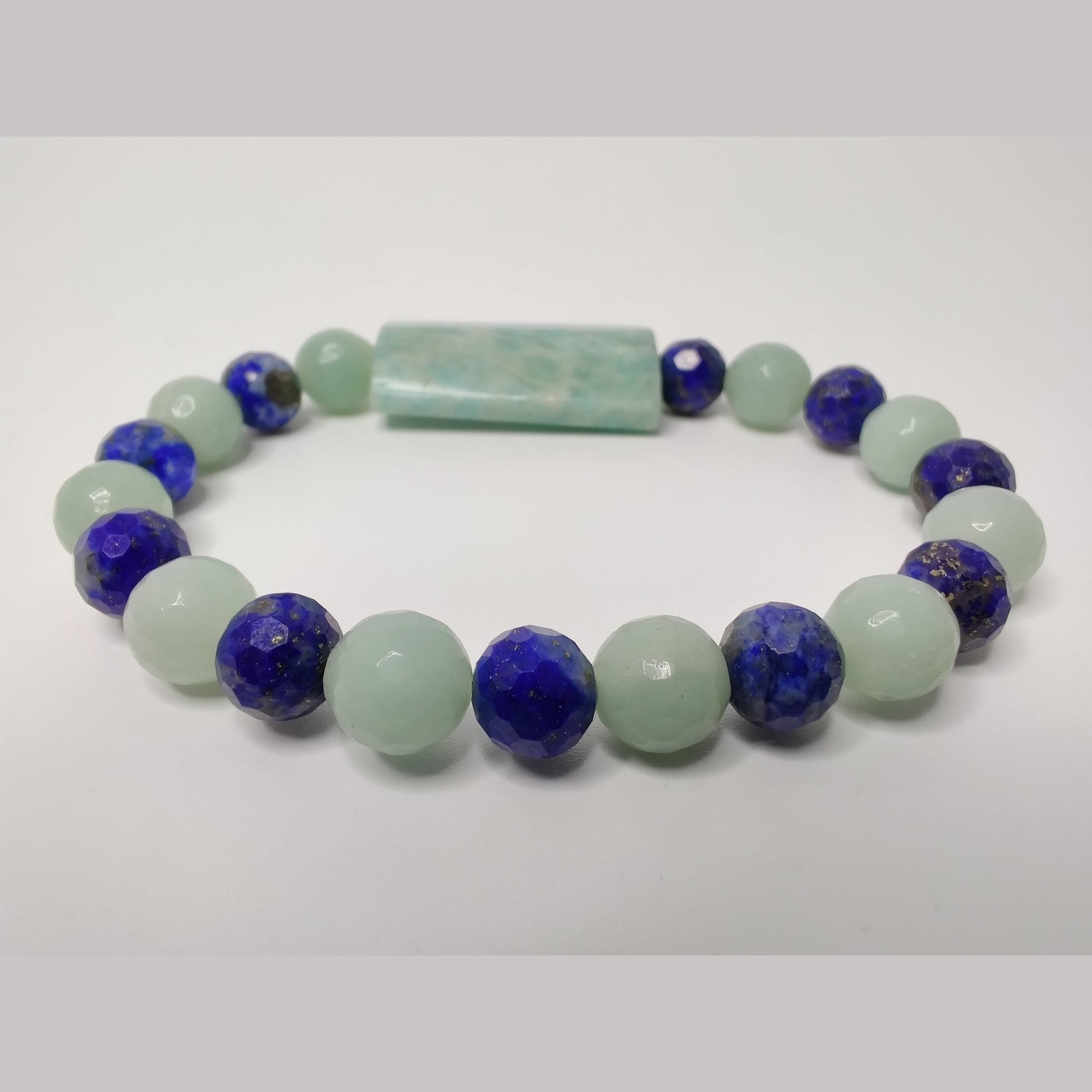 Faceted lapis lazuli and amazonite stretch bracelet with faceted Brazil amazonite puff rectangle image 3