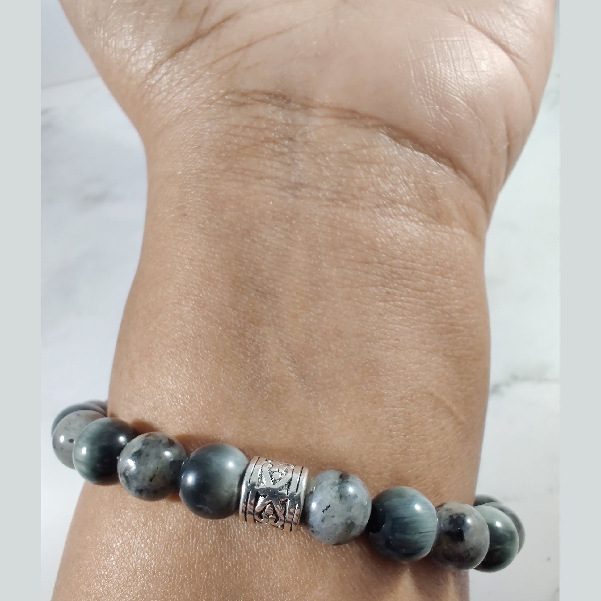Eagle eye quartz (A) and larvikite energy bracelet image 2