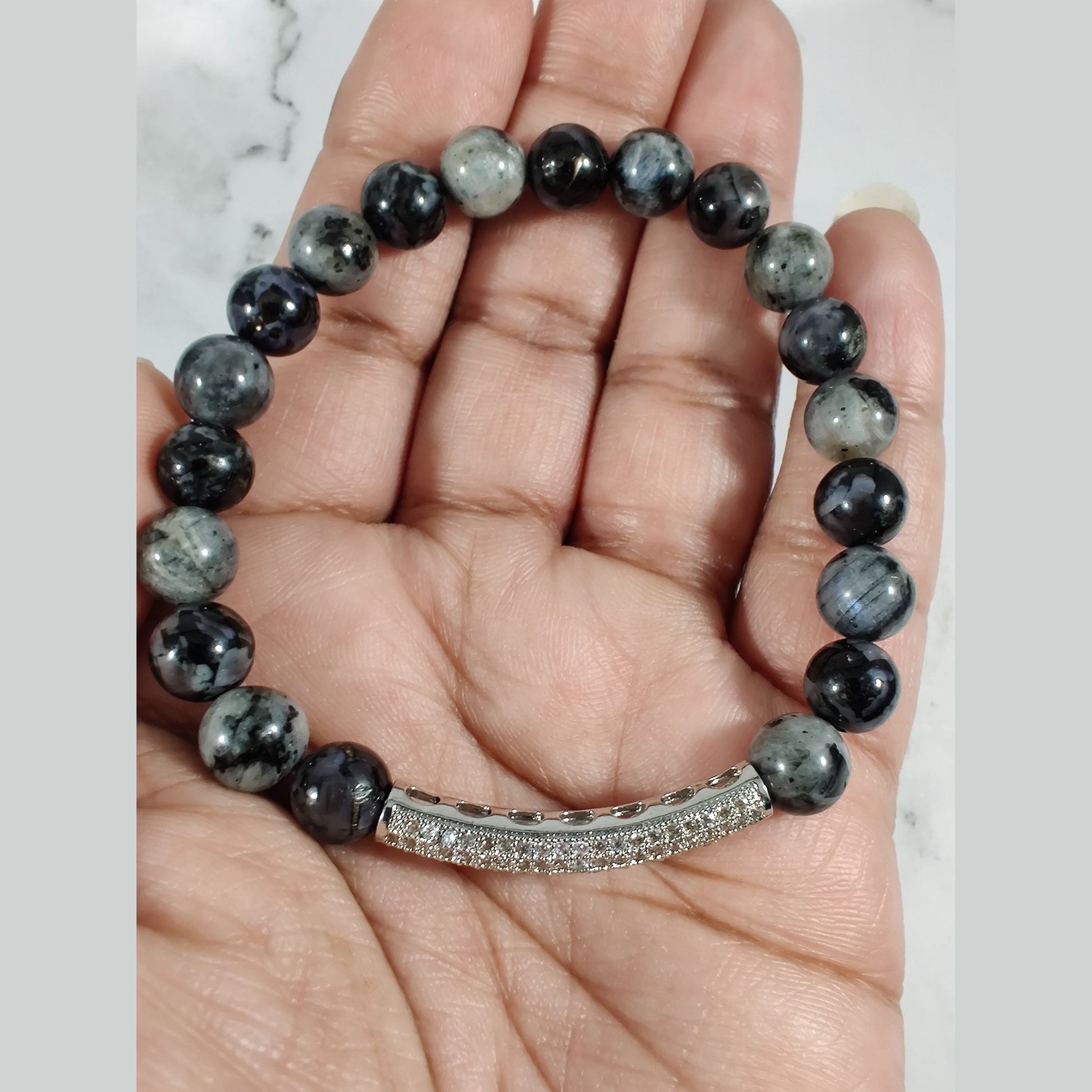 Indigo gabbro (AAA) and larvikite energy bracelet image 1