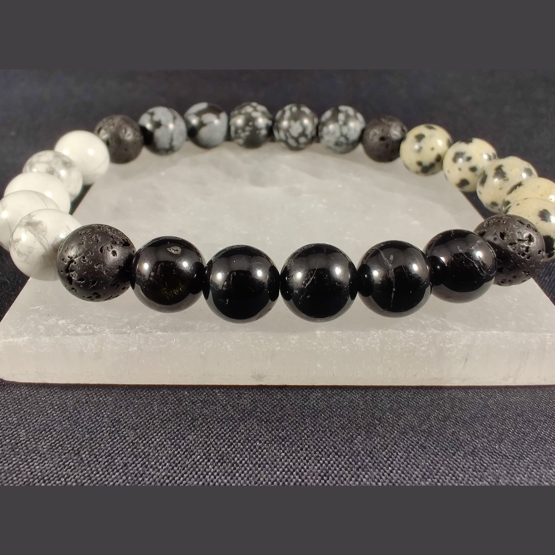 Howlite, snowflake obsidian, black tourmaline, and dalmatian jasper bracelet with lava rock image 3