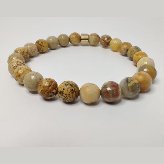 Faceted yellow crazy lace agate and picture jasper stretch bracelet with gold plated groove barrel bead slide image 0