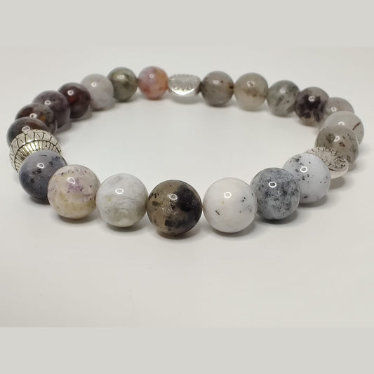 Black dendritic opal, pietersite, and lodolite stretch bracelet with silver tone flower spacers and antique silver (plated) basket round bead image 0