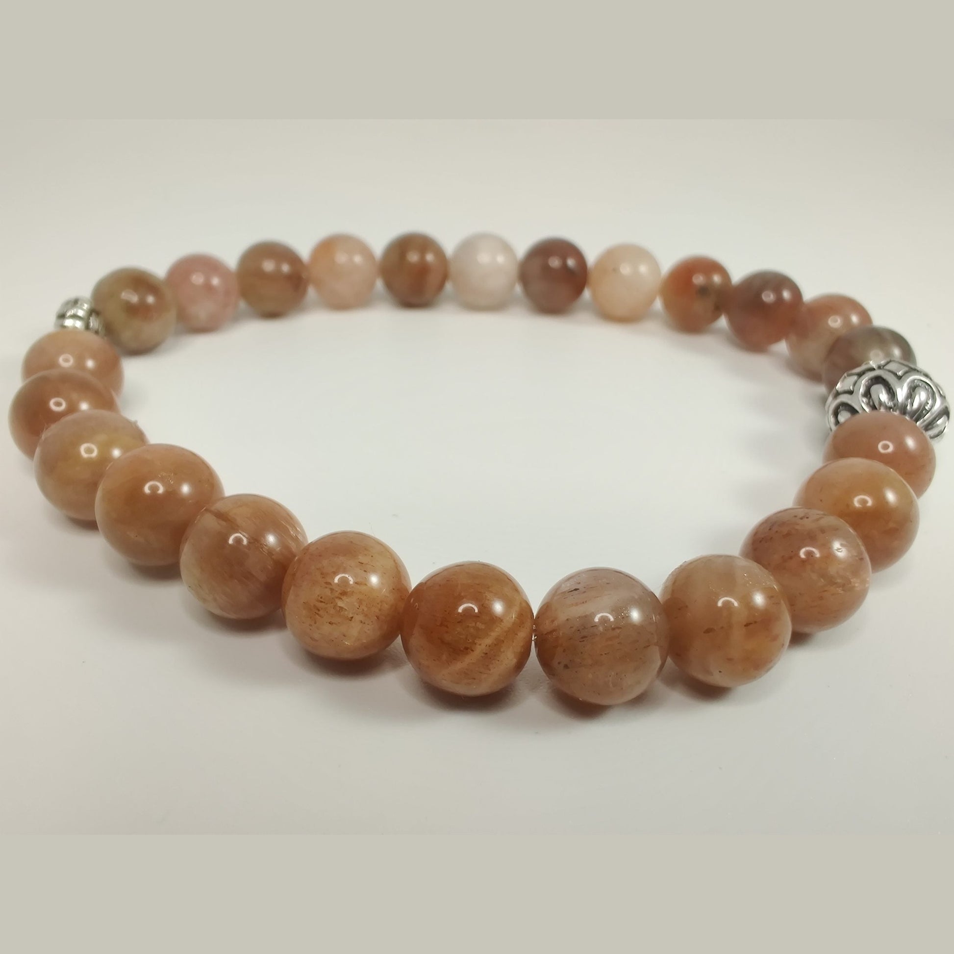 Peach moonstone and flower sunstone bracelet with silver tone daisy spacer and antique silver daisy capped round bead image 2