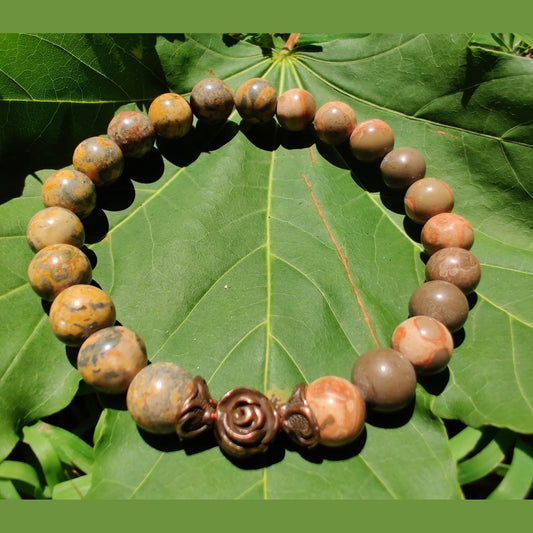 African brown rhyolite and leopardskin jasper stretch bracelet image 0
