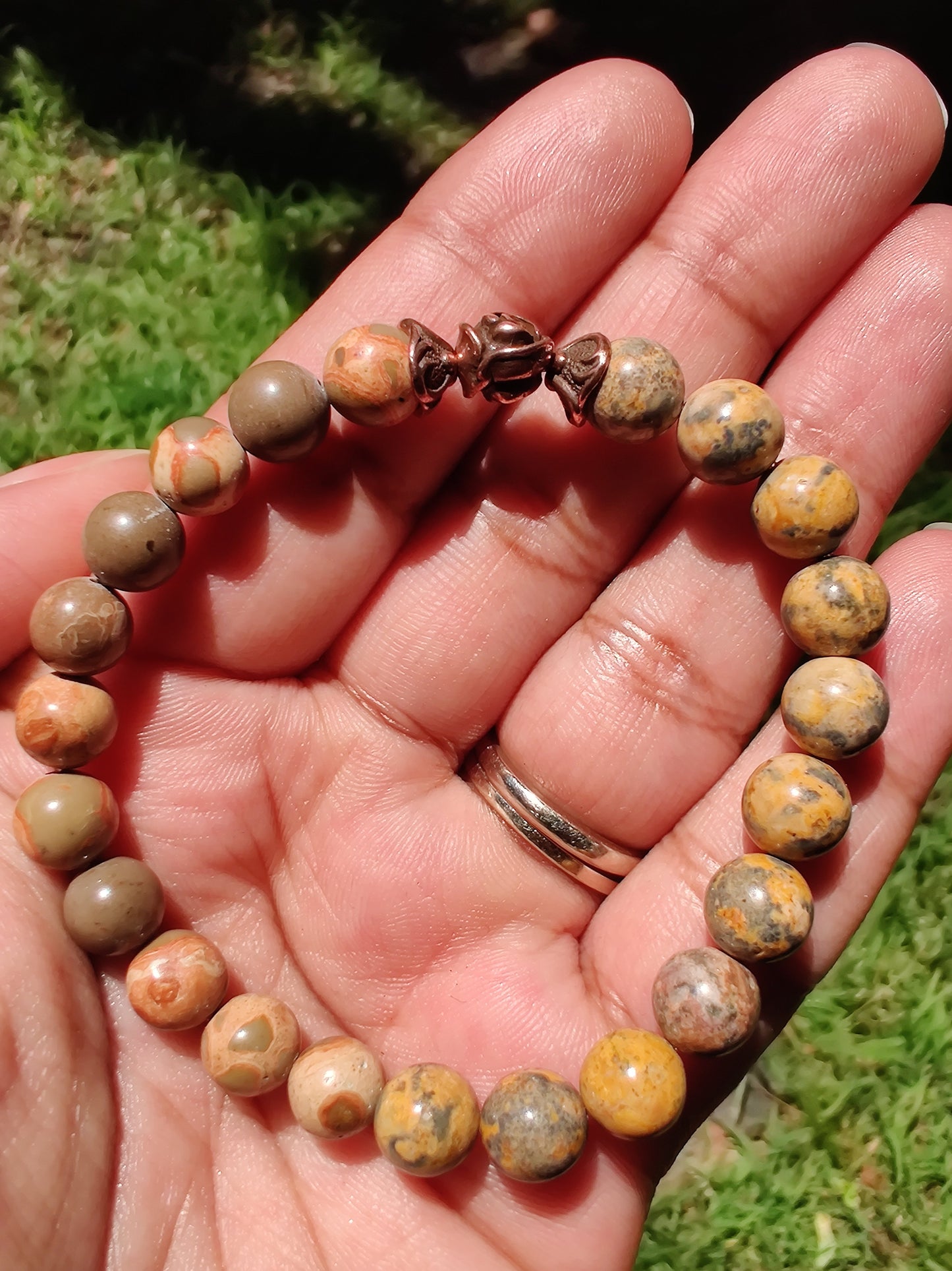 African brown rhyolite and leopardskin jasper stretch bracelet image 1