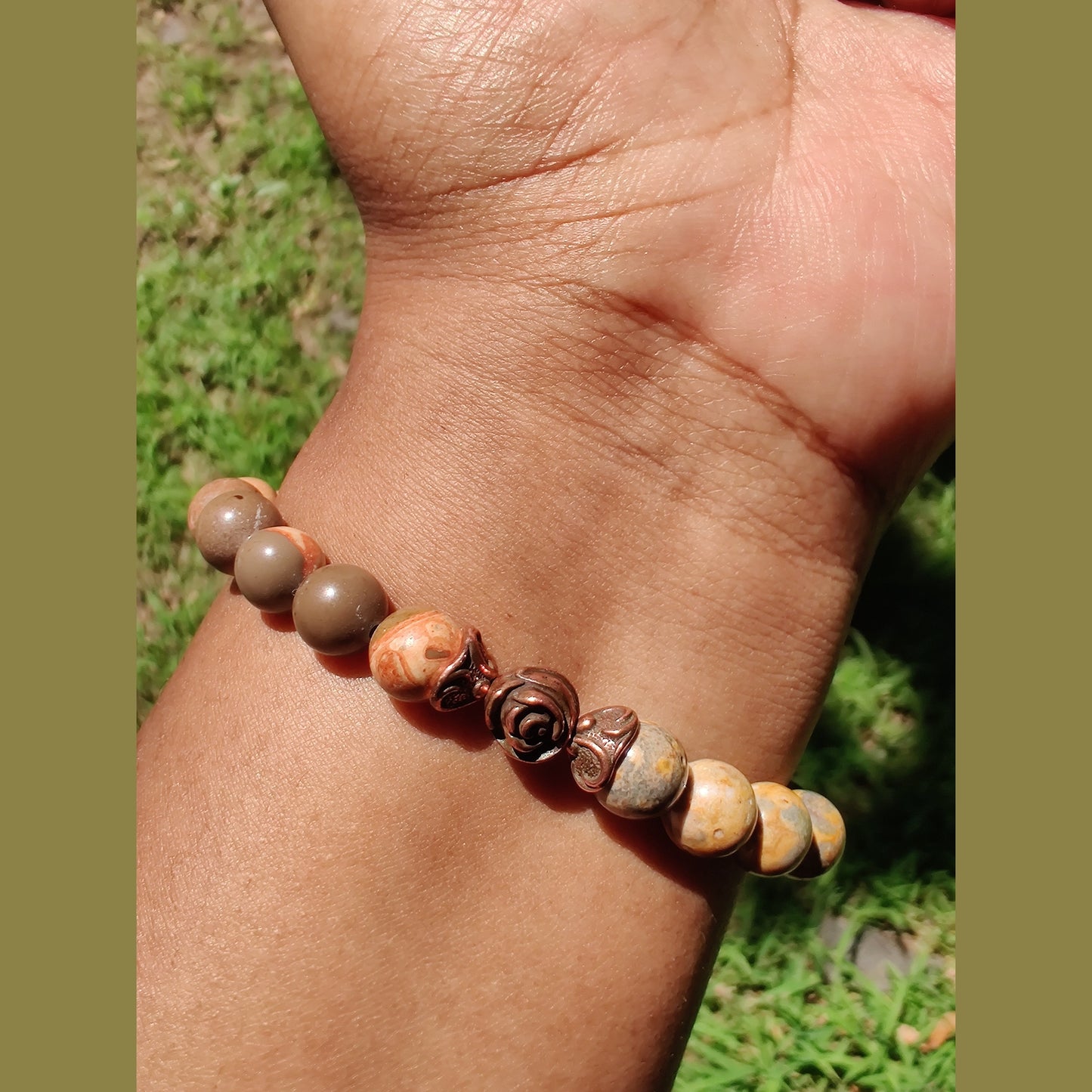 African brown rhyolite and leopardskin jasper stretch bracelet image 2