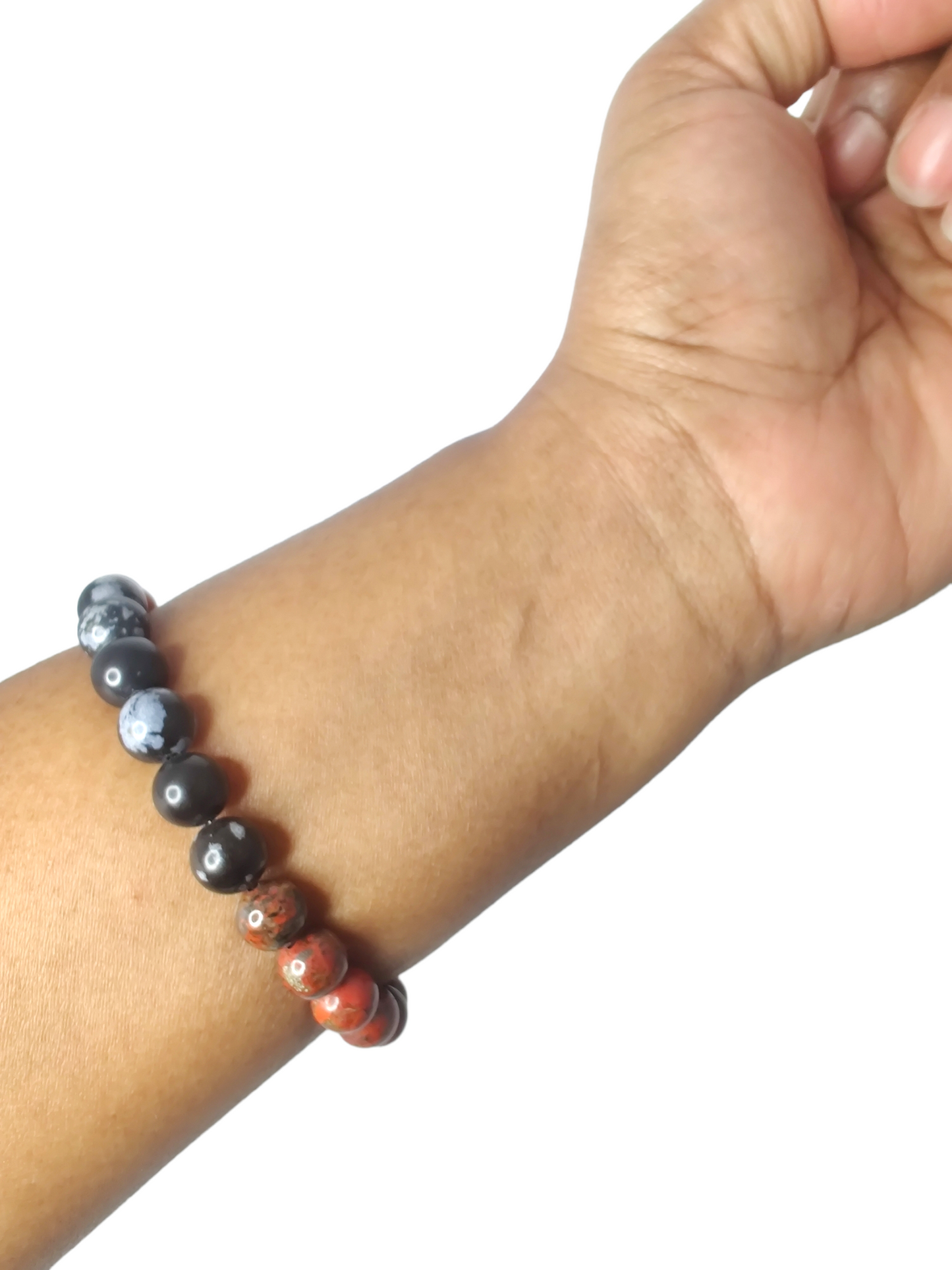 Brecciated jasper, Mexican red snowflake jasper, red jasper, and snowflake obsidian stretch bracelet image 1