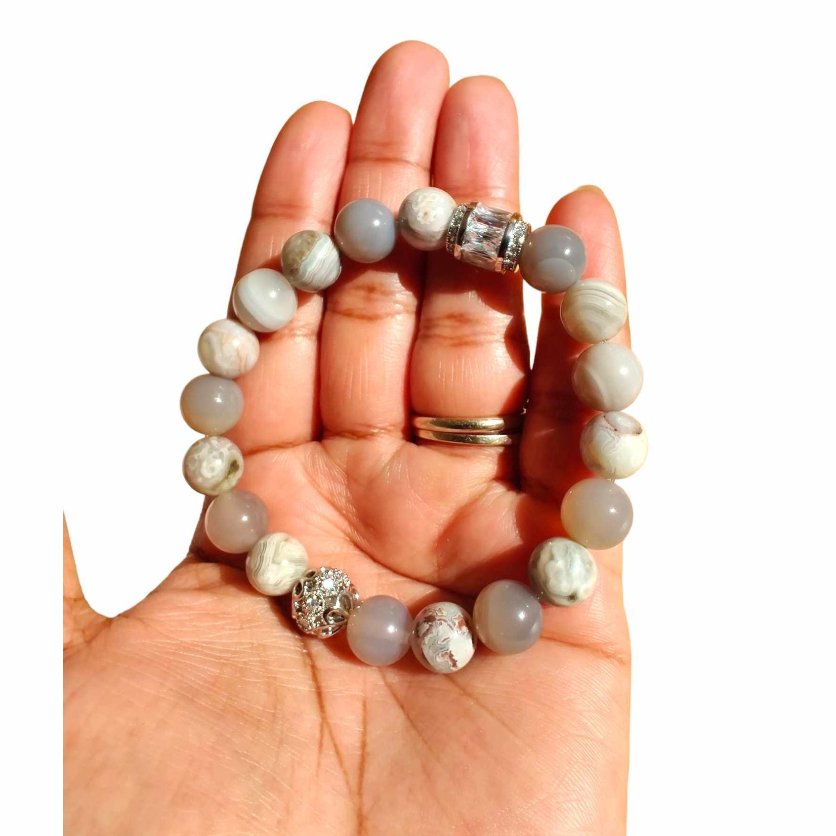 Gray agate and Mexican laguna lace agate stretch bracelet image 1