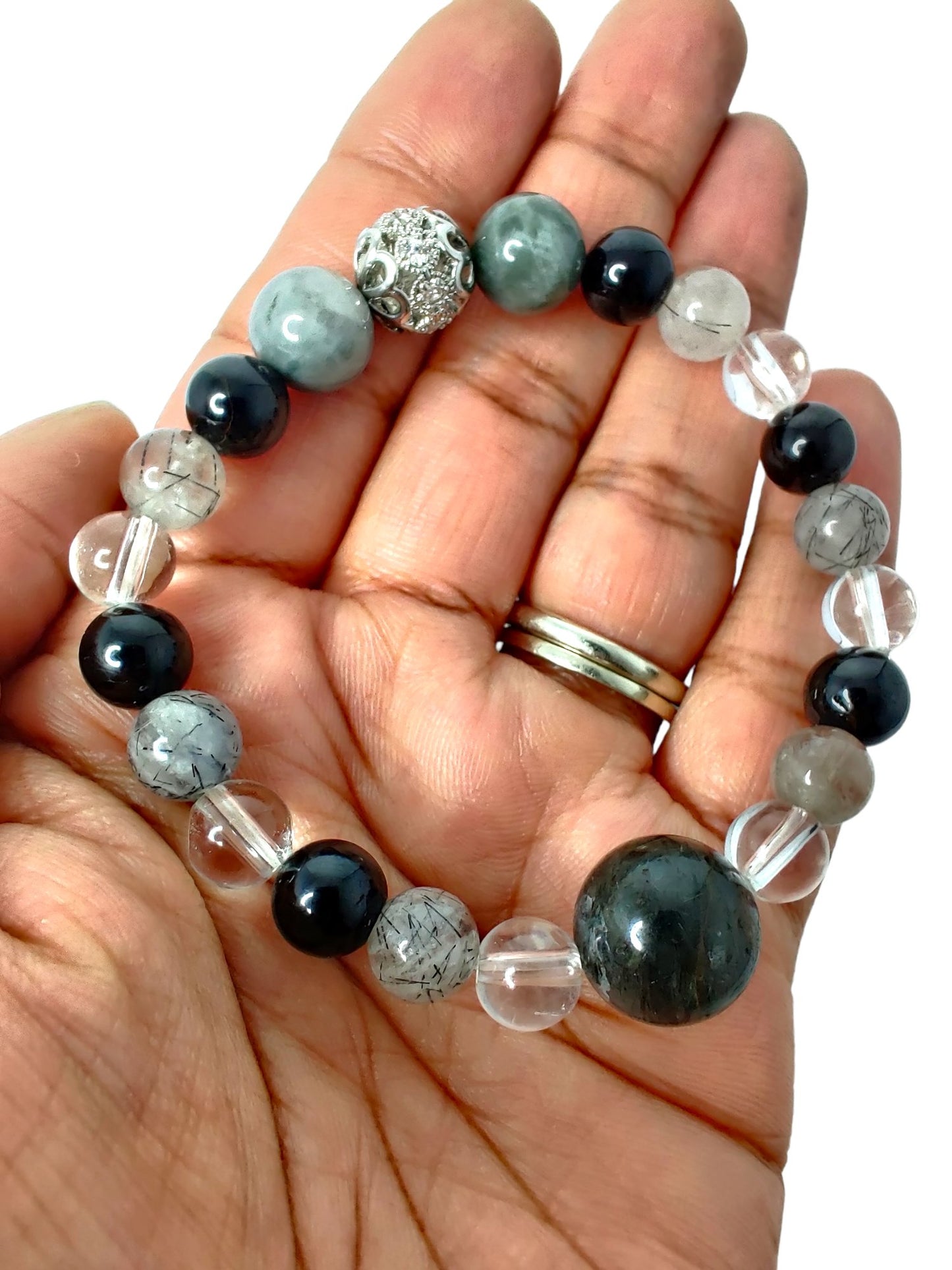 Black tourmaline and multi-quartz stretch bracelet image 0