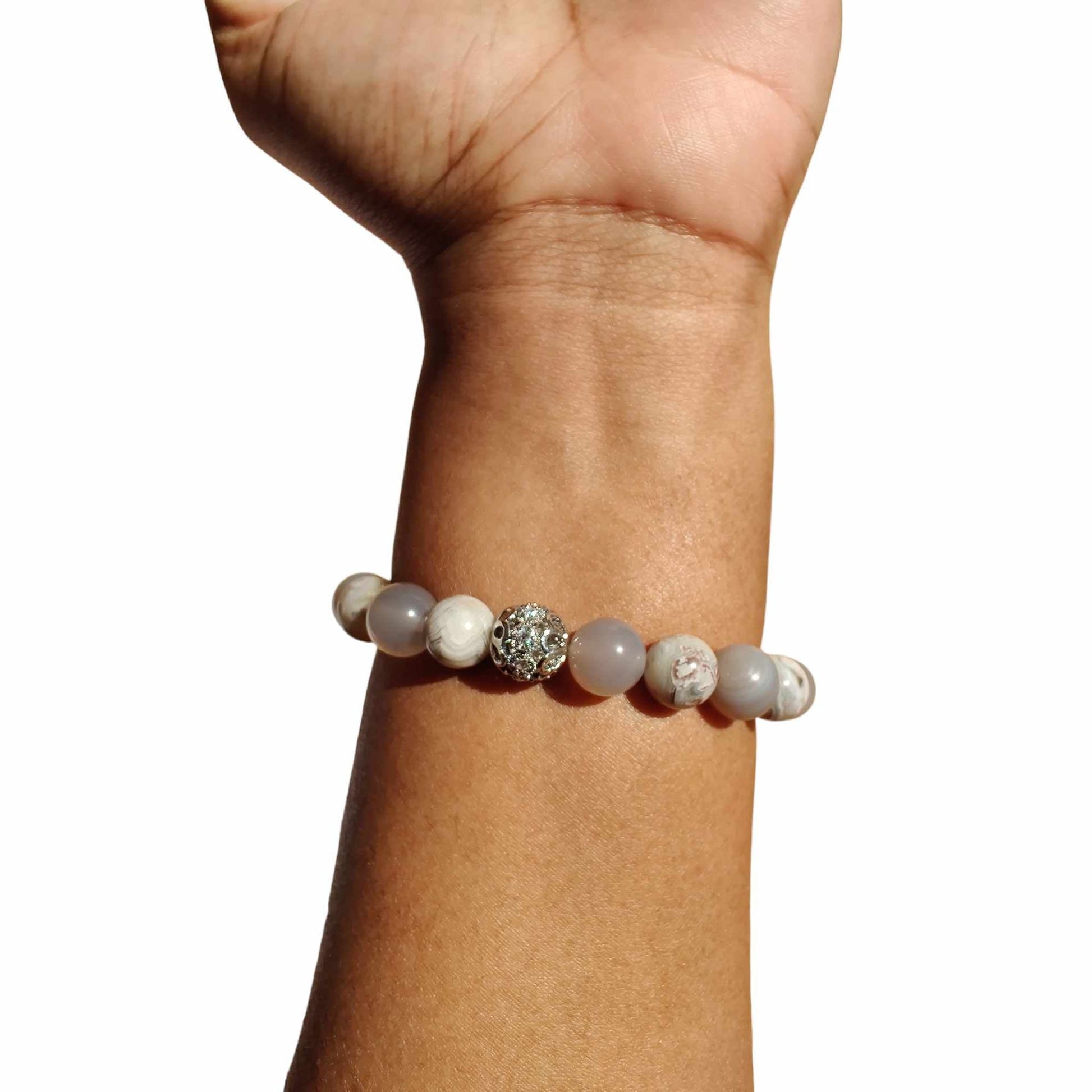 Gray agate and Mexican laguna lace agate stretch bracelet image 2