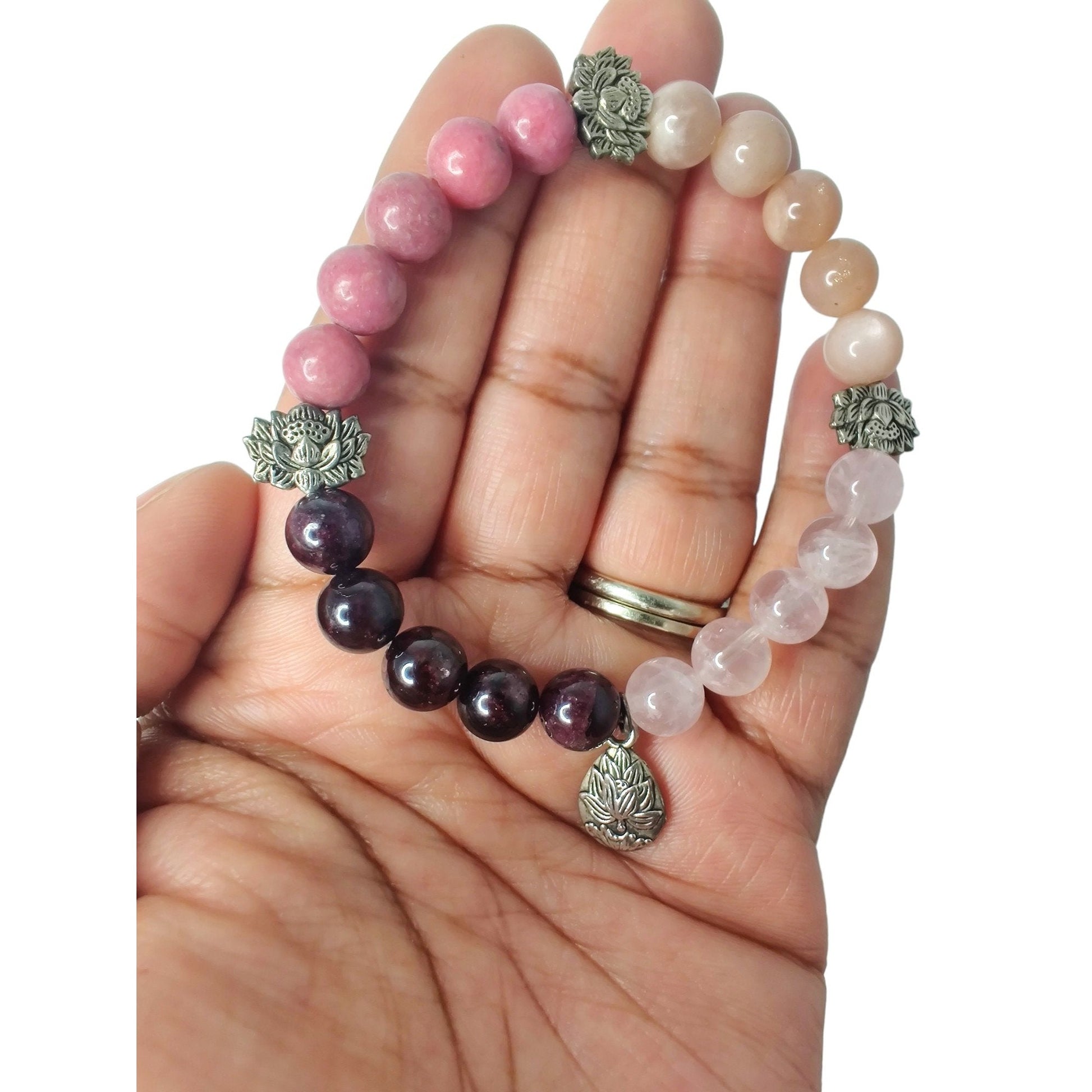 Garnet, Madagascar rose quartz, peach moonstone, and rhodonite stretch bracelet image 1