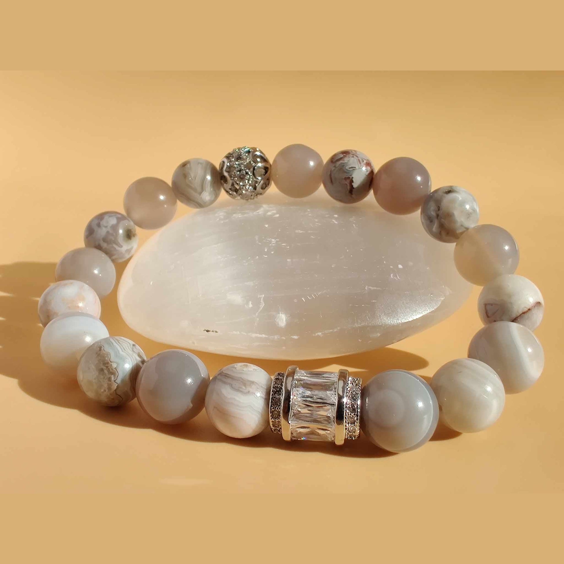 Gray agate and Mexican laguna lace agate stretch bracelet image 0