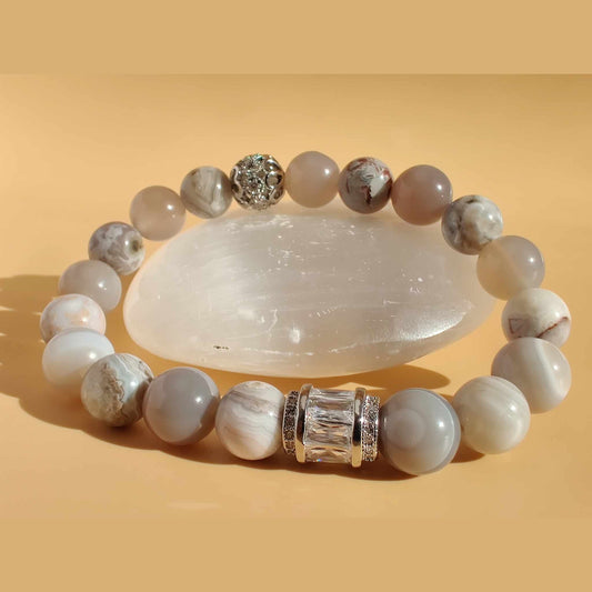 Gray agate and Mexican laguna lace agate stretch bracelet image 0