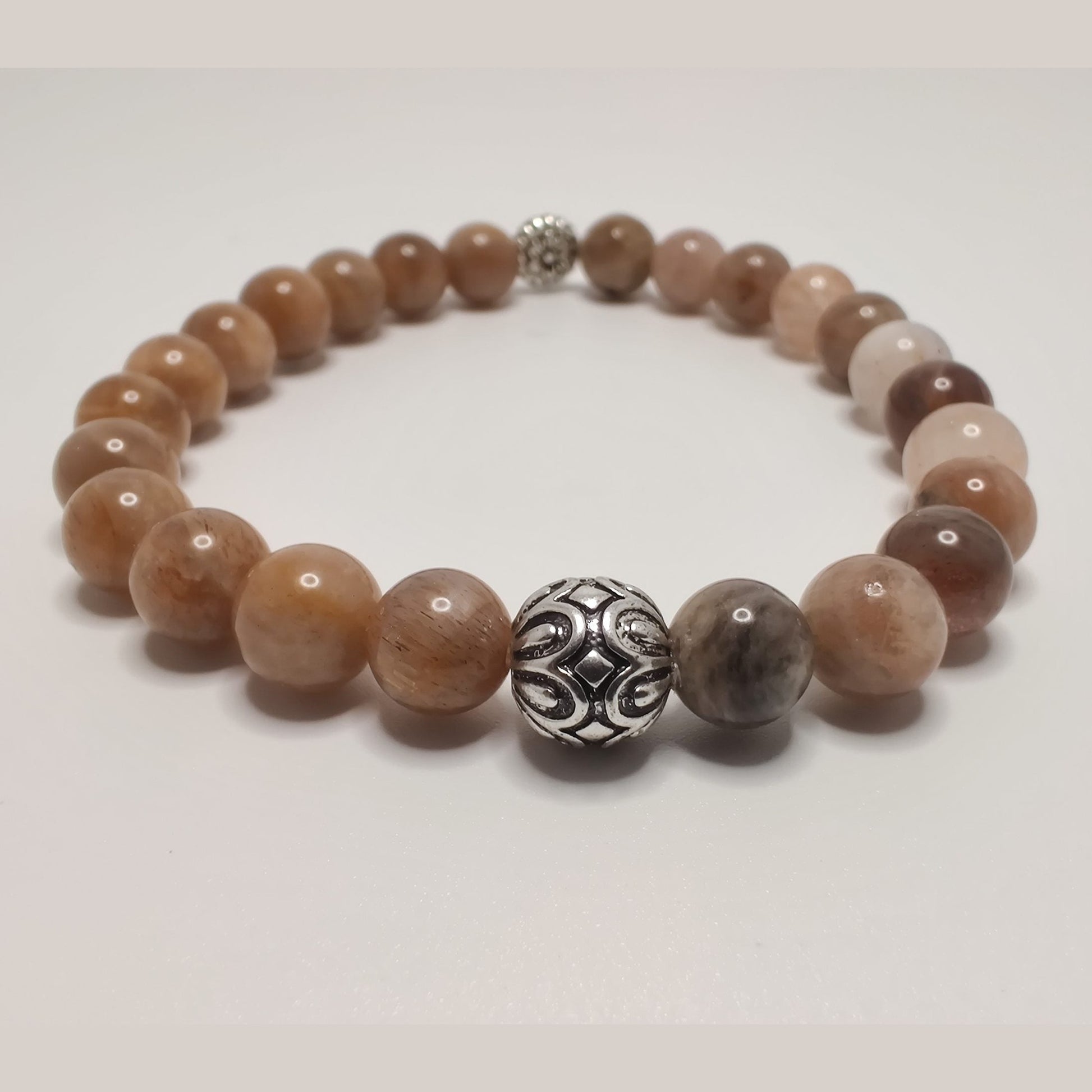 Peach moonstone and flower sunstone bracelet with silver tone daisy spacer and antique silver daisy capped round bead image 3
