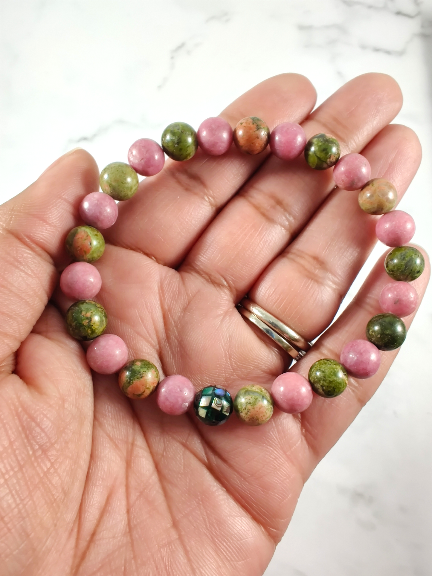Rhodonite (AA) and unakite energy bracelet with abalone image 1