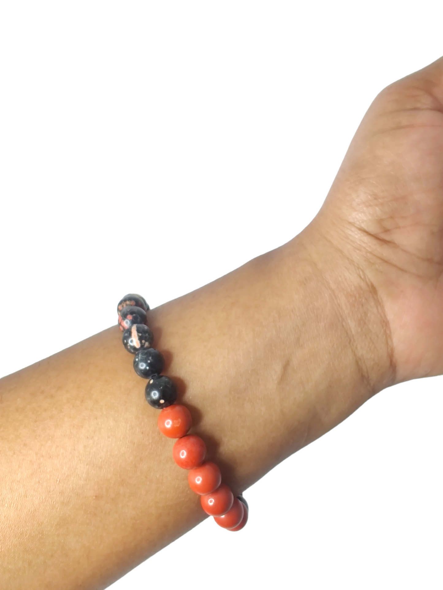 Brecciated jasper, Mexican red snowflake jasper, red jasper, and snowflake obsidian stretch bracelet image 2