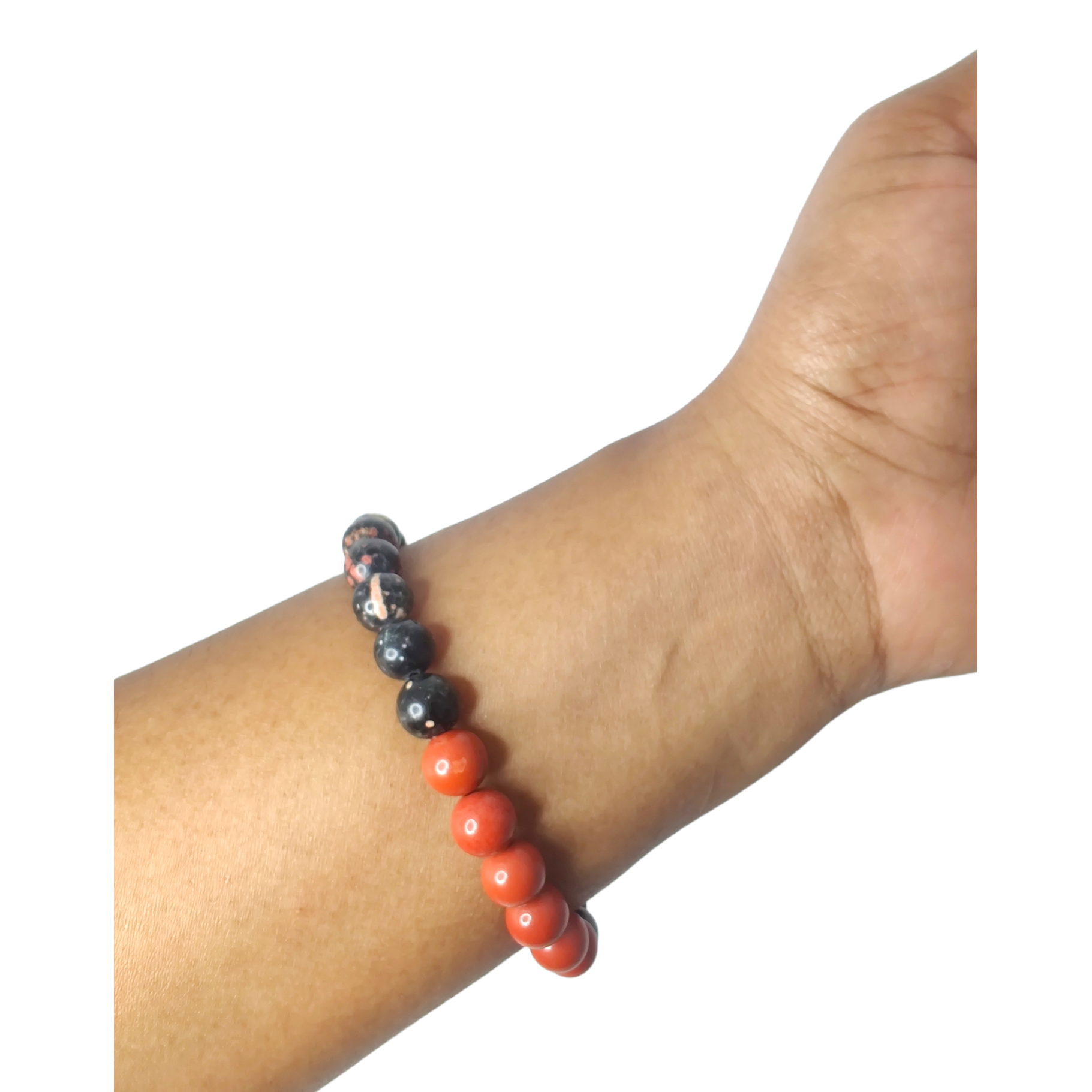 Brecciated jasper, Mexican red snowflake jasper, red jasper, and snowflake obsidian stretch bracelet image 2