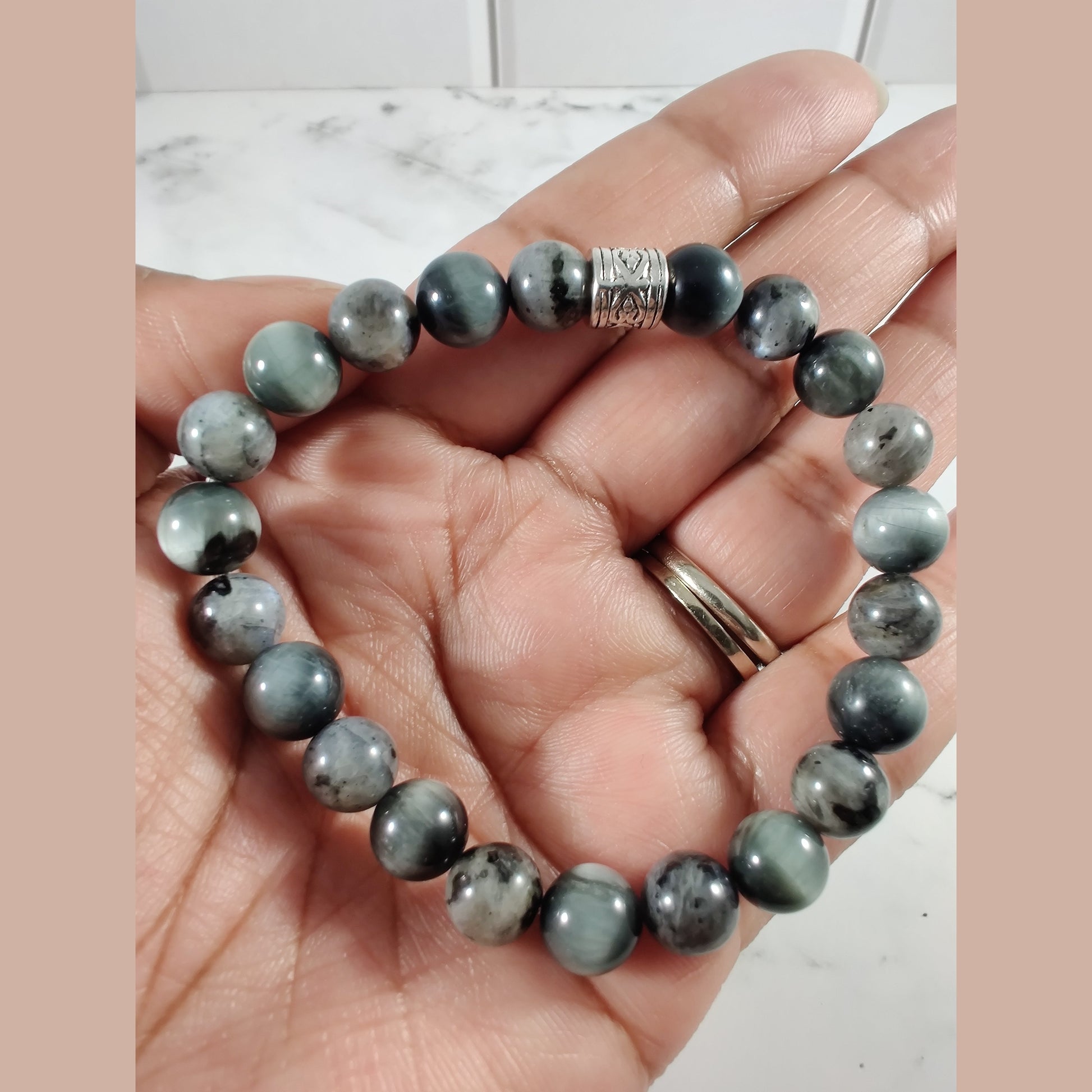 Eagle eye quartz (A) and larvikite energy bracelet image 1
