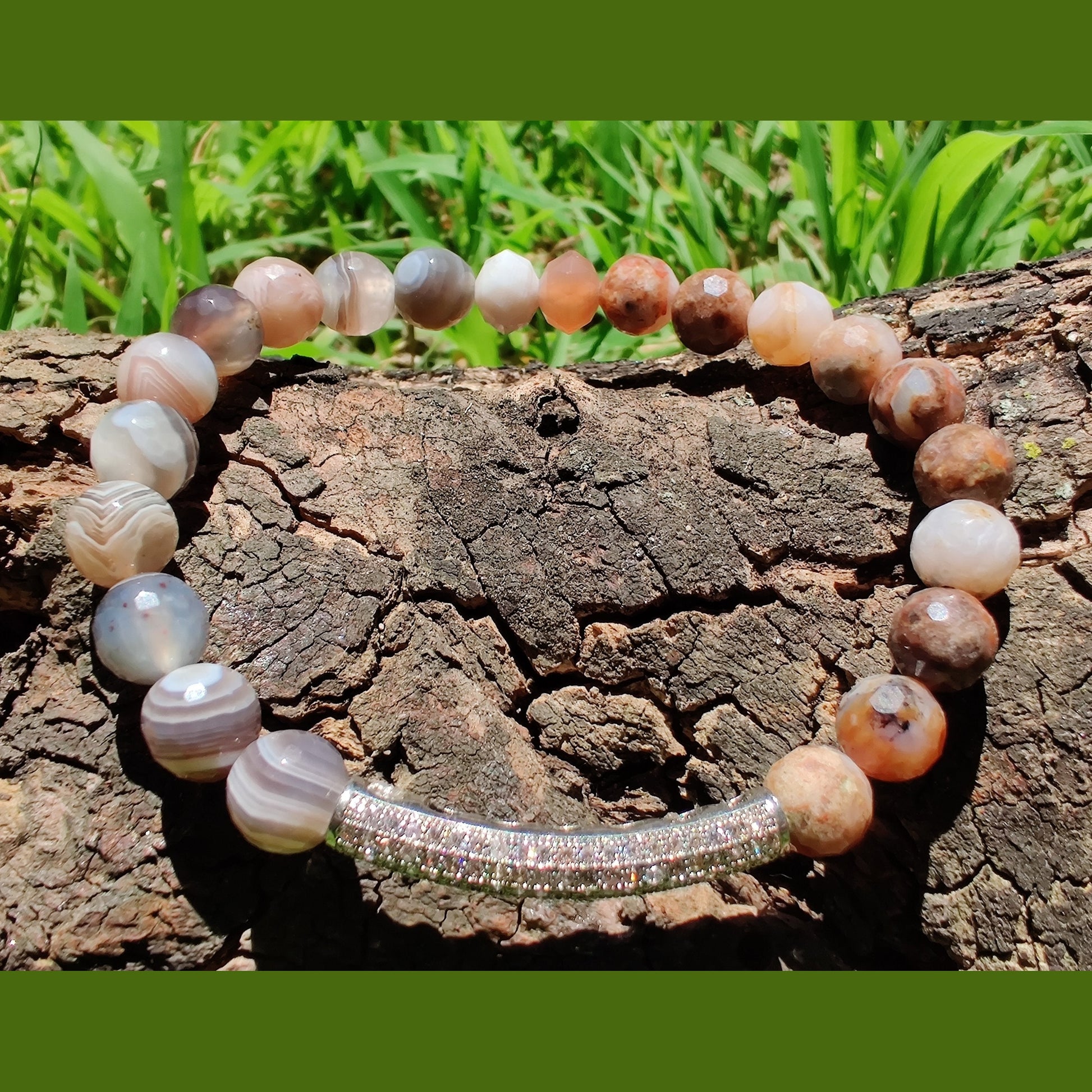 Faceted Botswana agate and red flame agate stretch bracelet image 0