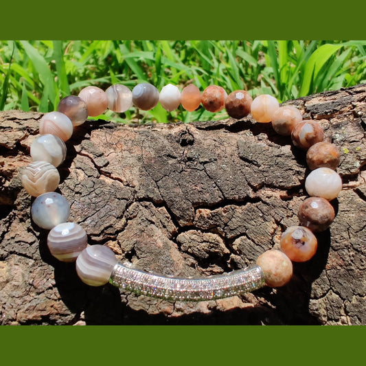 Faceted Botswana agate and red flame agate stretch bracelet image 0