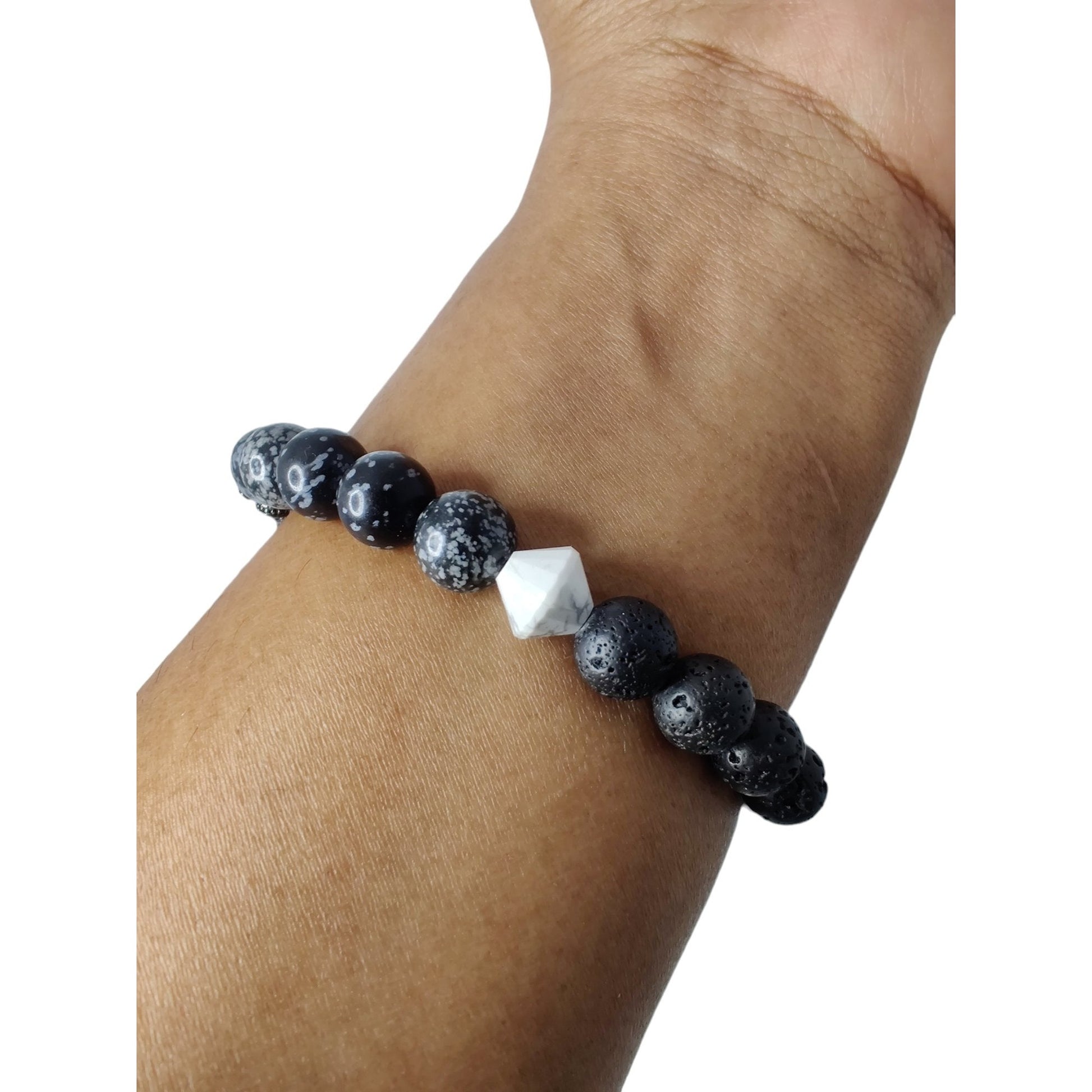 Lava rock and snowflake obsidian stretch bracelet with howlite bicones and shamballa spacer image 1