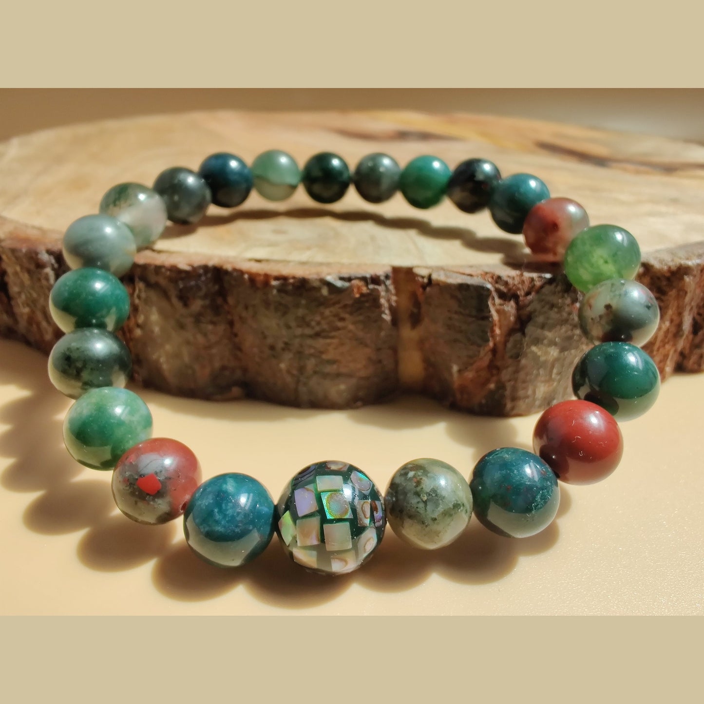 African bloodstone and moss agate stretch bracelet with abalone mosaic bead image 0