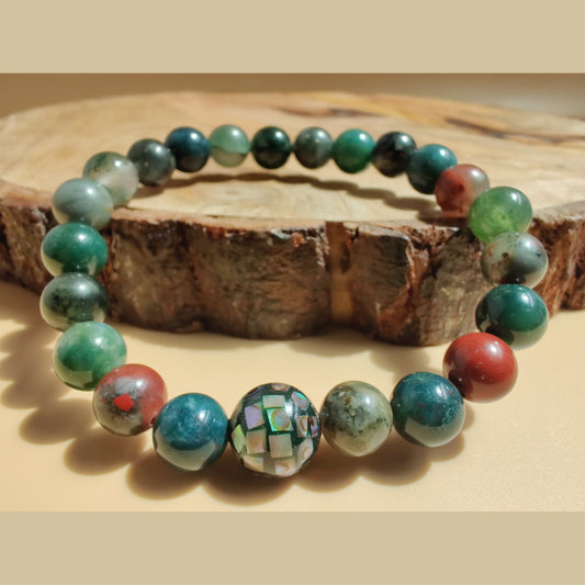 African bloodstone and moss agate stretch bracelet with abalone mosaic bead image 0