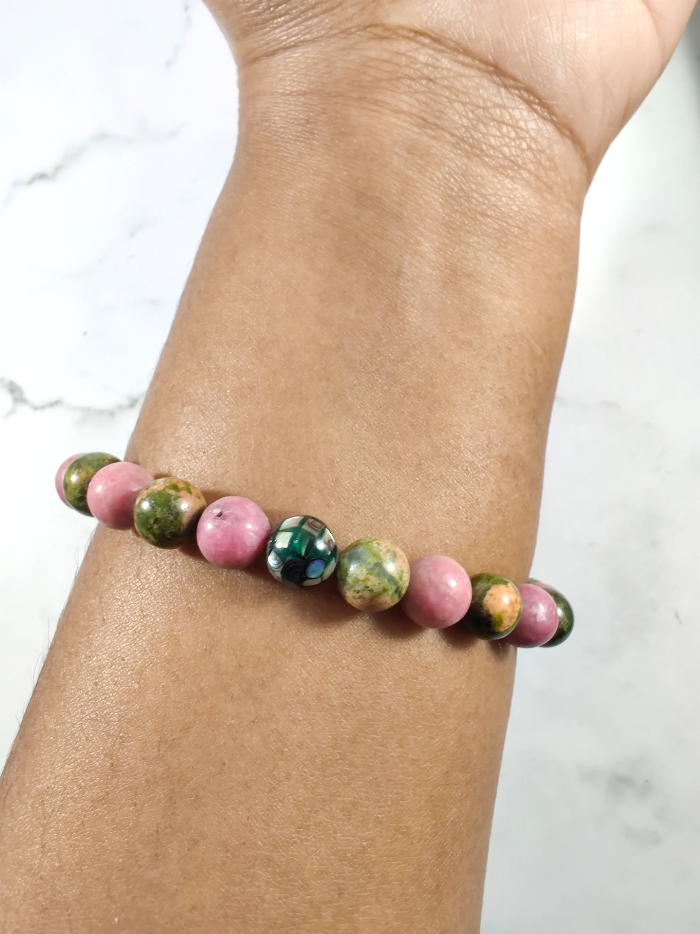 Rhodonite (AA) and unakite energy bracelet with abalone image 2