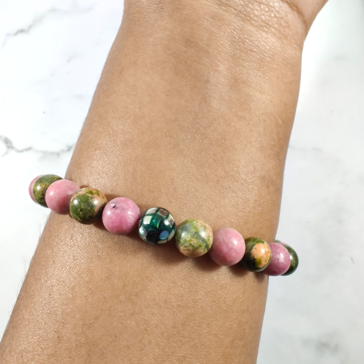 Rhodonite (AA) and unakite energy bracelet with abalone image 2
