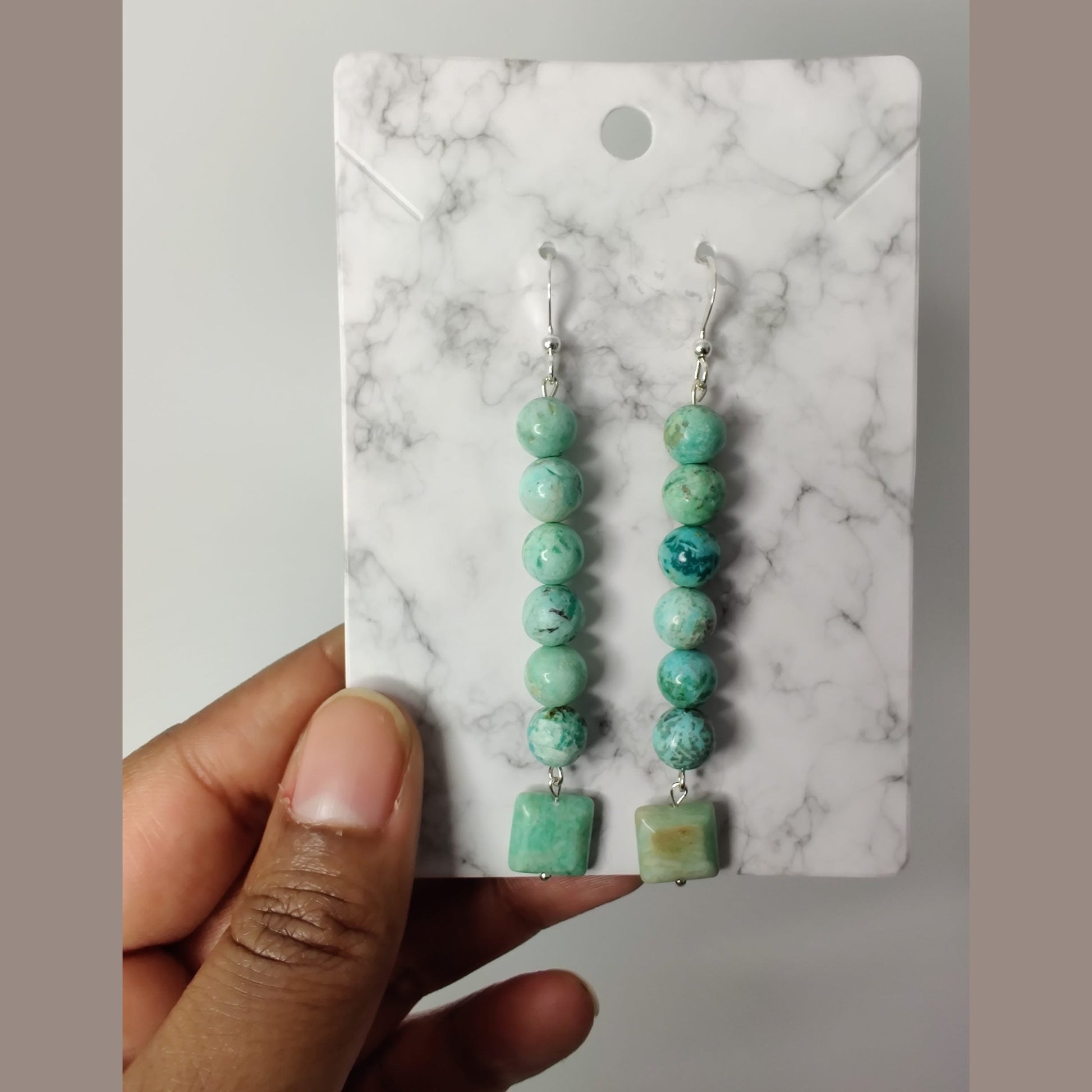 Peruvian turquoise and Brazil amazonite sterling silver drop earrings image 2