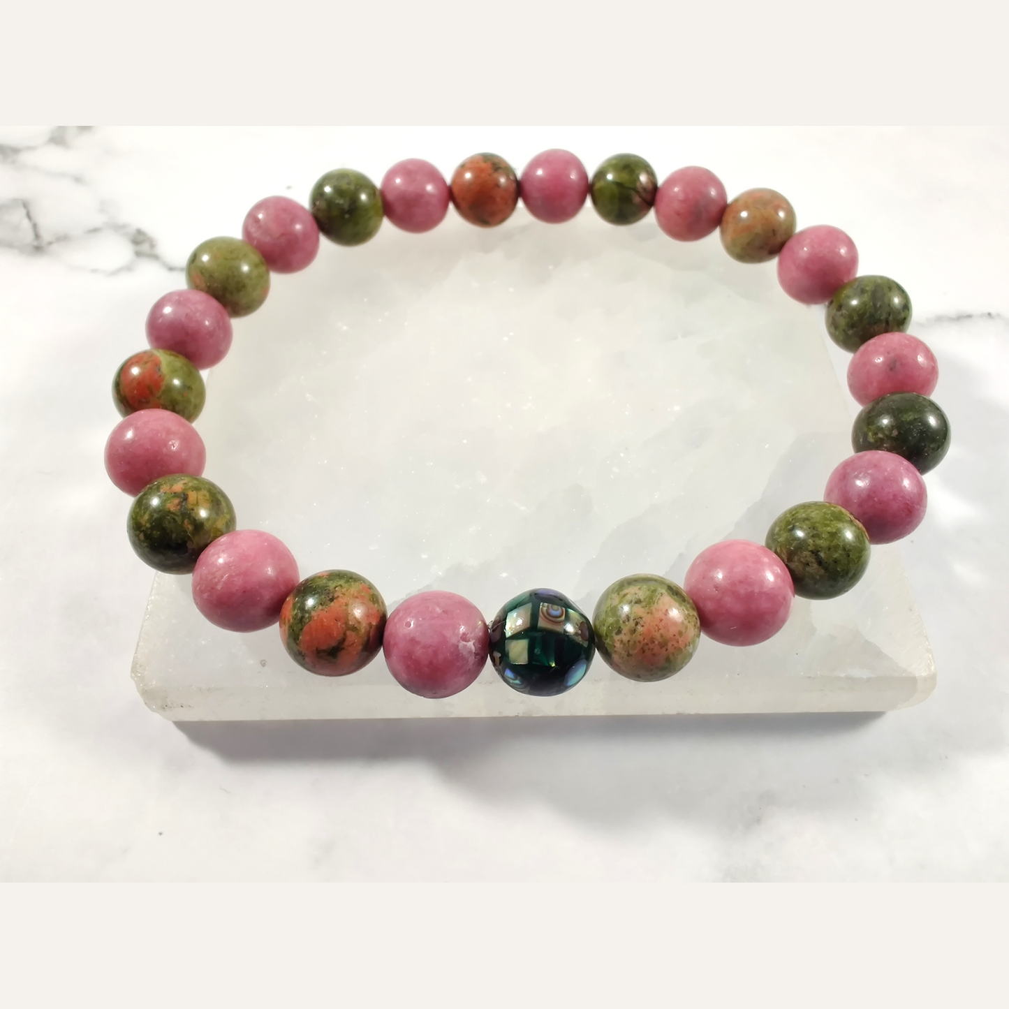 Rhodonite (AA) and unakite energy bracelet with abalone image 0