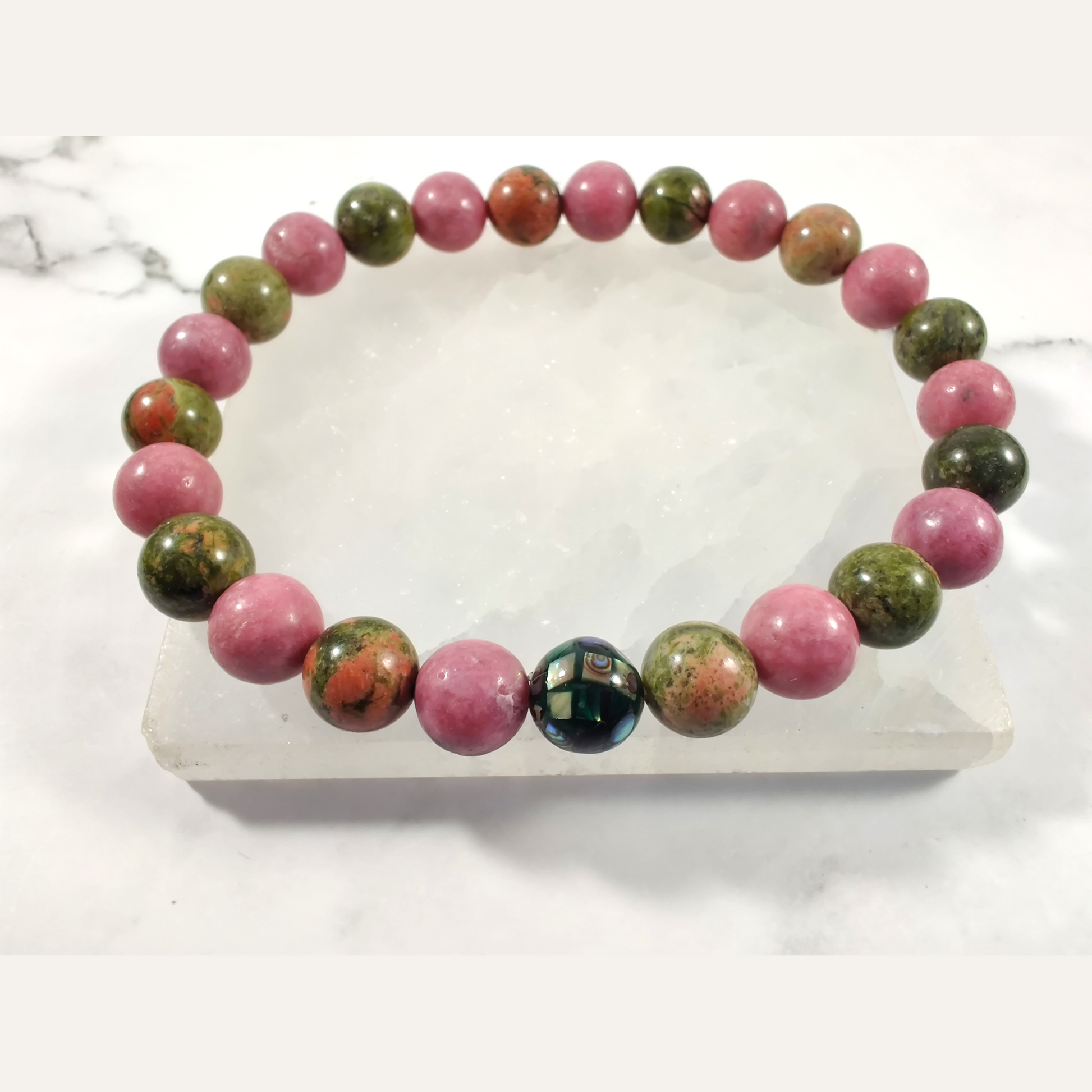 Rhodonite (AA) and unakite energy bracelet with abalone image 0