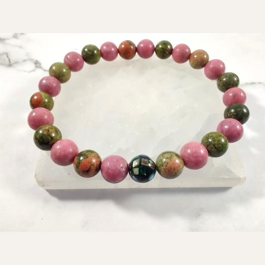 Rhodonite (AA) and unakite energy bracelet with abalone image 0