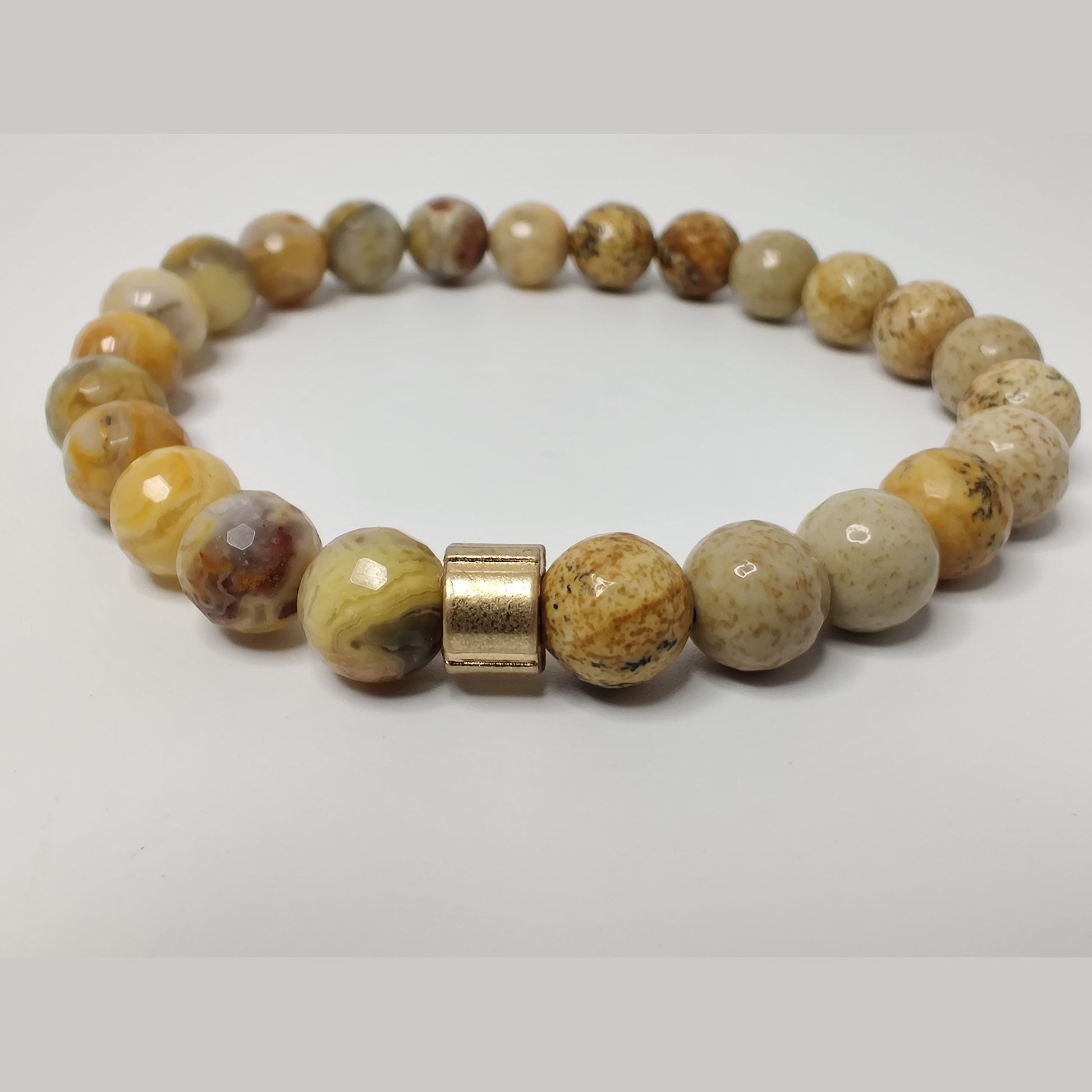 Faceted yellow crazy lace agate and picture jasper stretch bracelet with gold plated groove barrel bead slide image 1