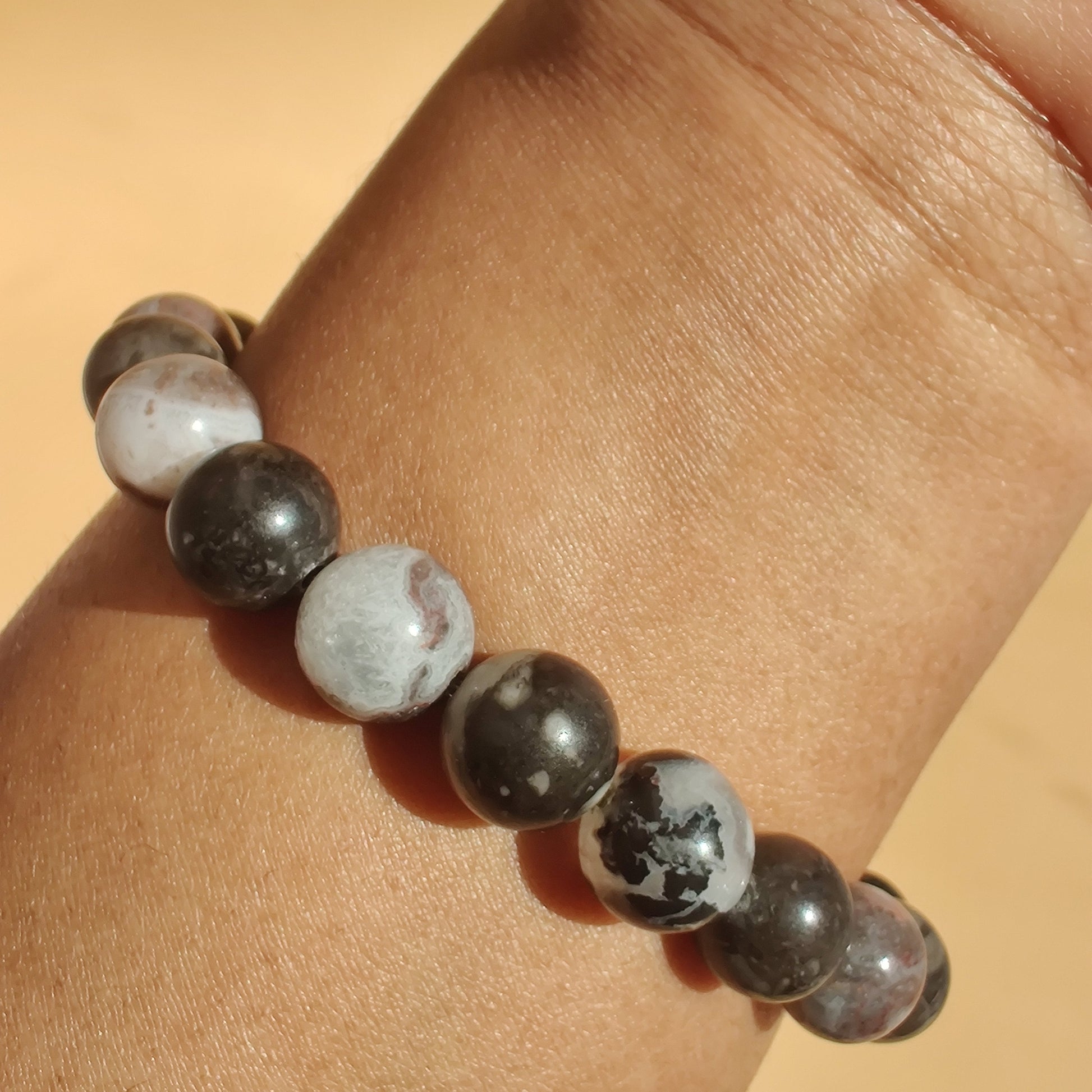 Mexican zebra jasper and orthoceras fossil stretch bracelet image 2