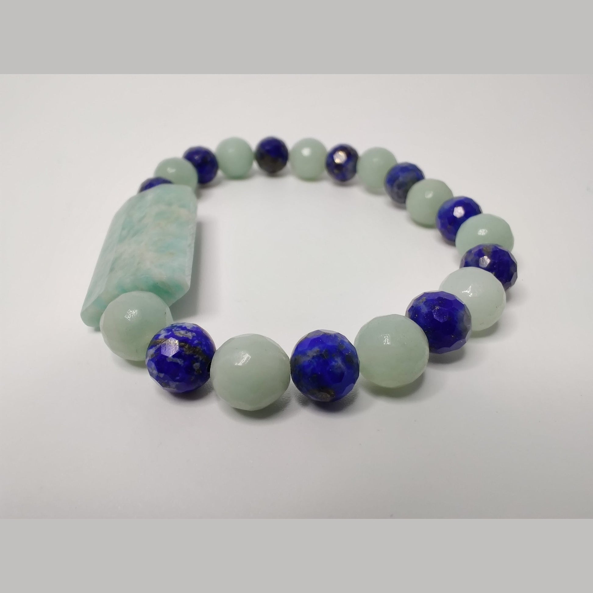Faceted lapis lazuli and amazonite stretch bracelet with faceted Brazil amazonite puff rectangle image 2