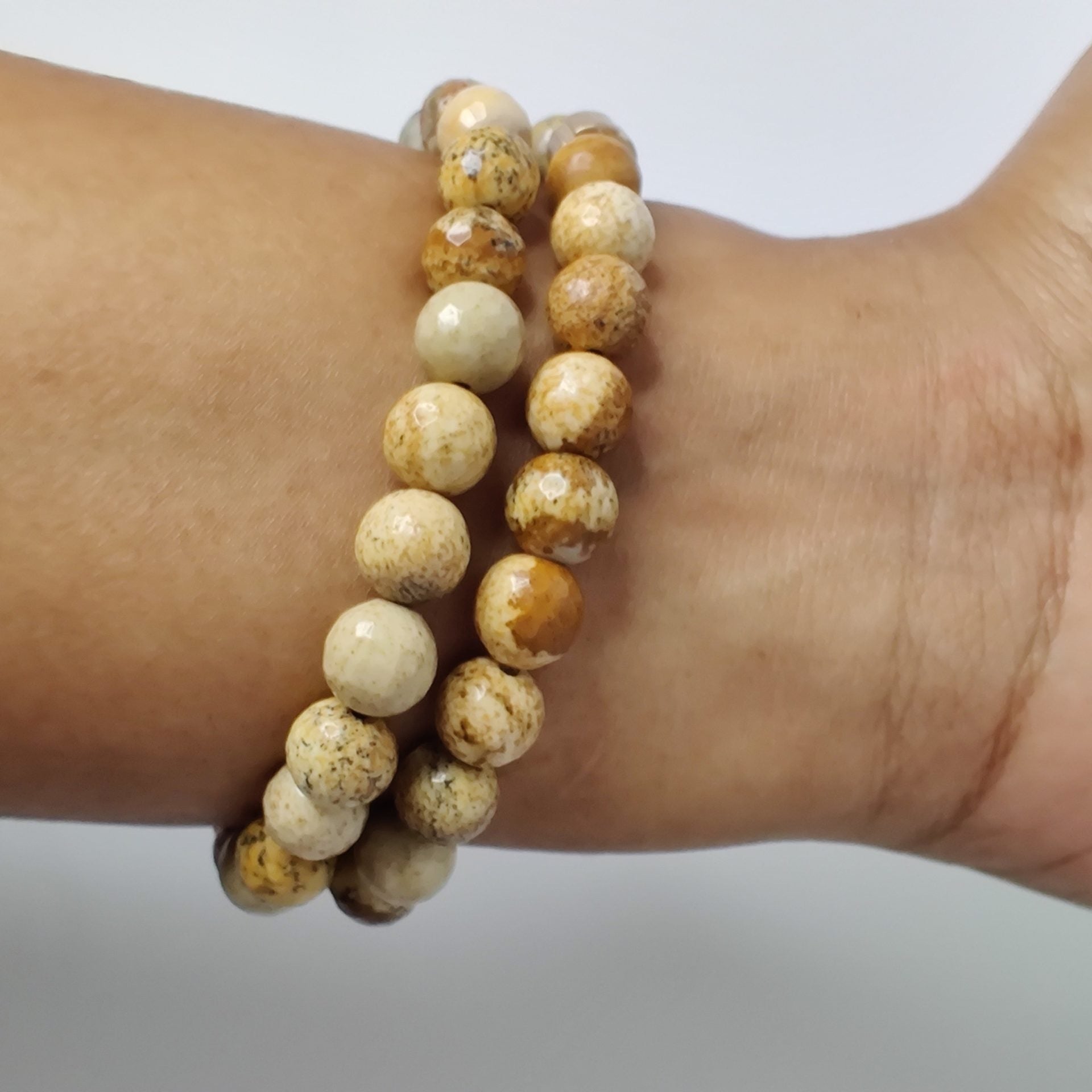 Faceted yellow crazy lace agate and picture jasper stretch bracelet with gold plated groove barrel bead slide image 3