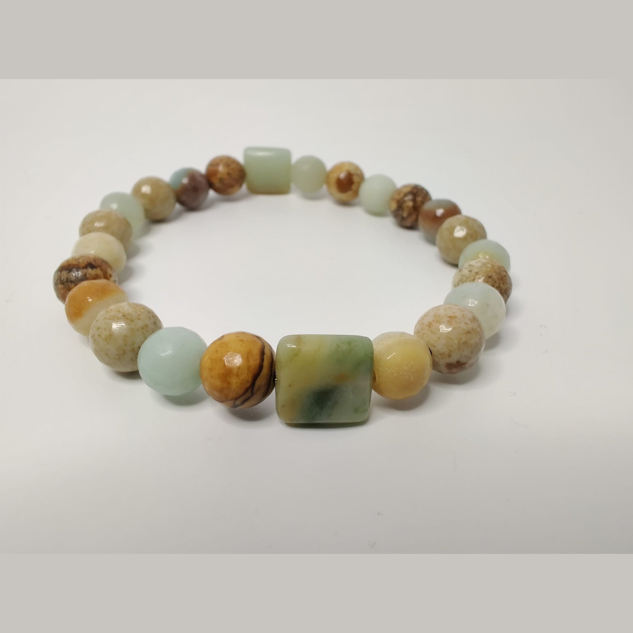 Faceted round picture jasper and black gold amazonite and black gold amazonite puff square stretch bracelet image 3