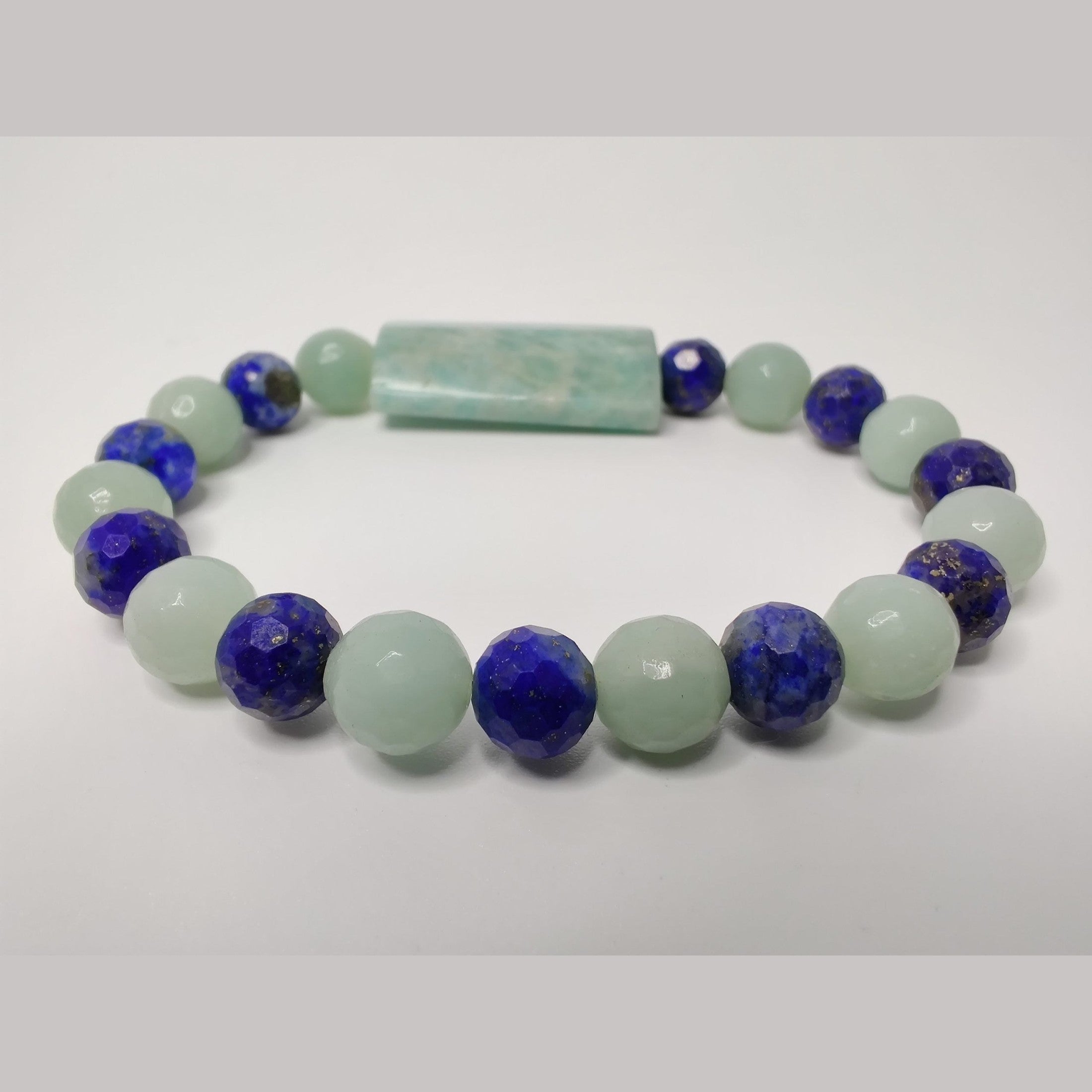 Faceted lapis lazuli and amazonite stretch bracelet with faceted Brazil amazonite puff rectangle image 3