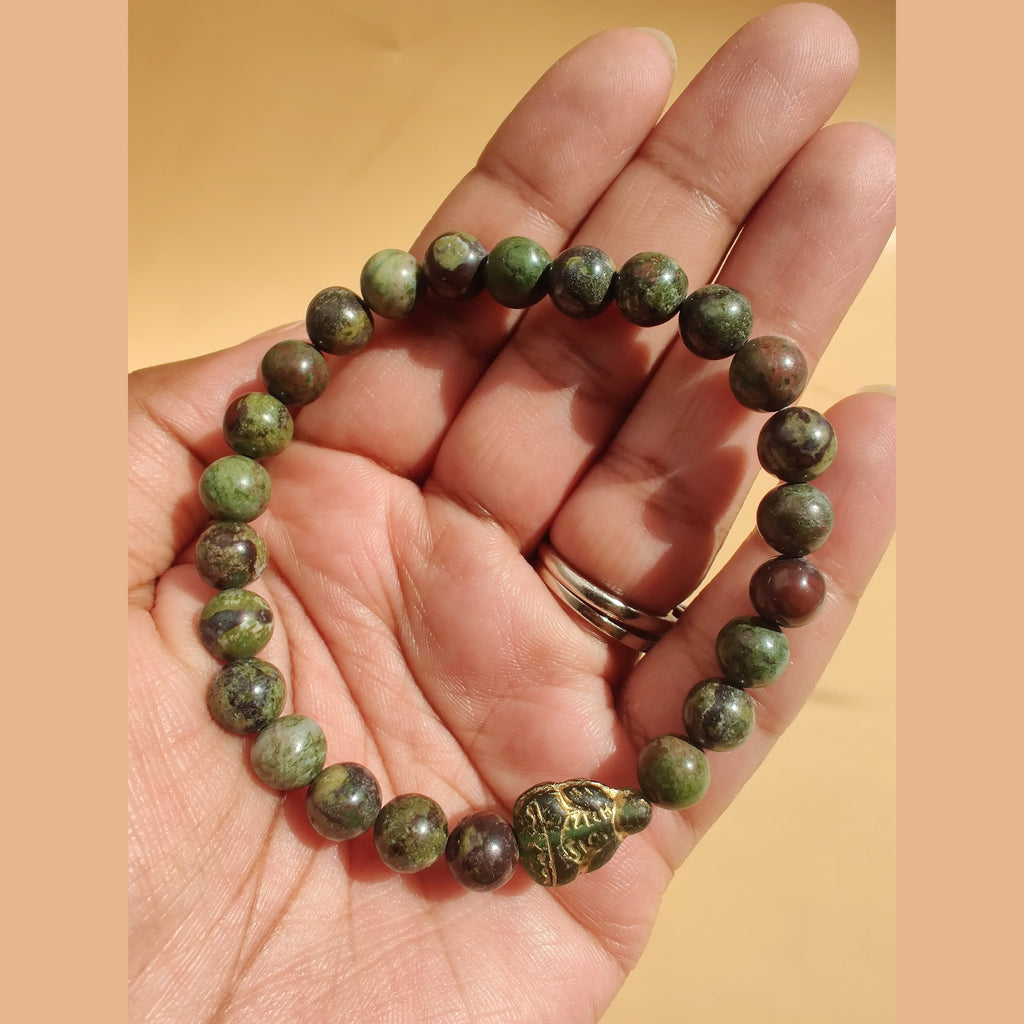 Cuprite and dragon blood jasper (A) stretch bracelet with Czech glass Buddha spacer image 1