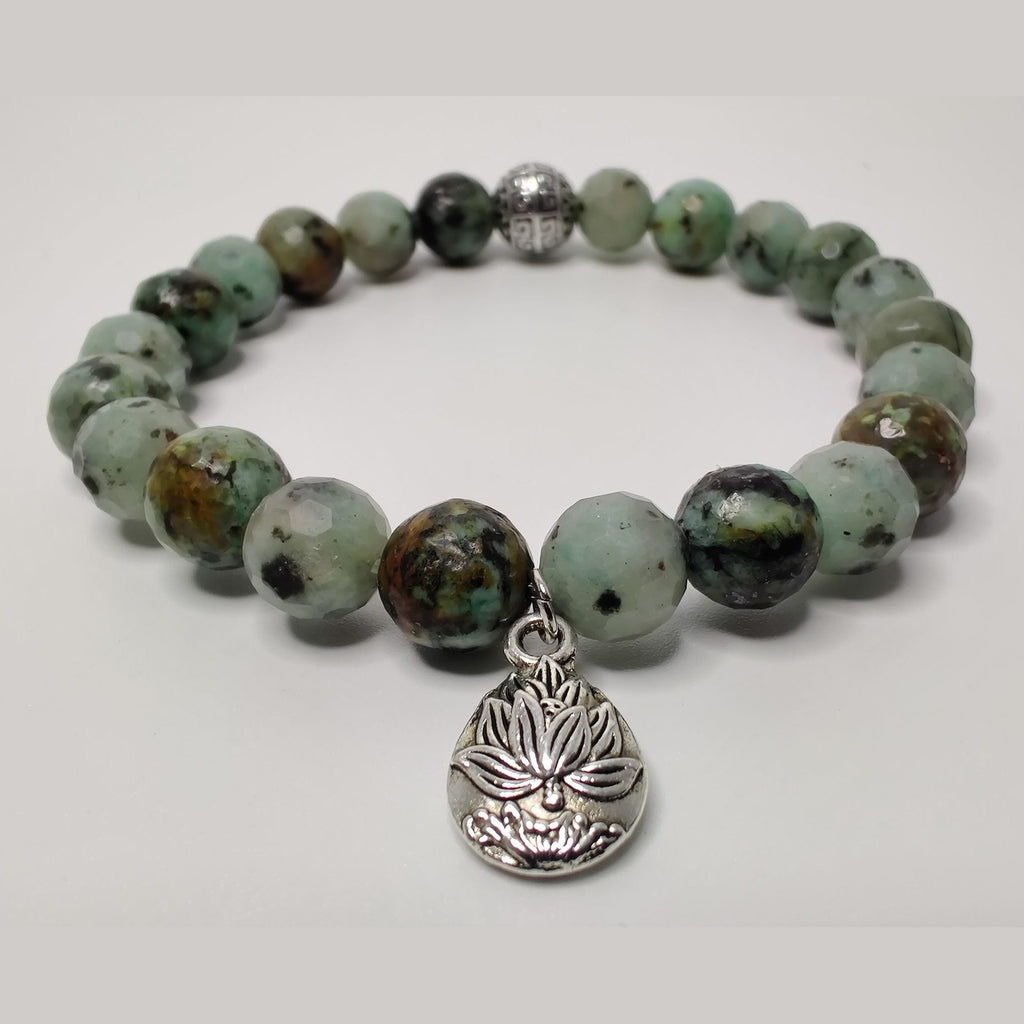 Faceted kiwi jasper and African turquoise stretch bracelet with lotus charm image 0