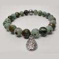Faceted kiwi jasper and African turquoise stretch bracelet with lotus charm image 0
