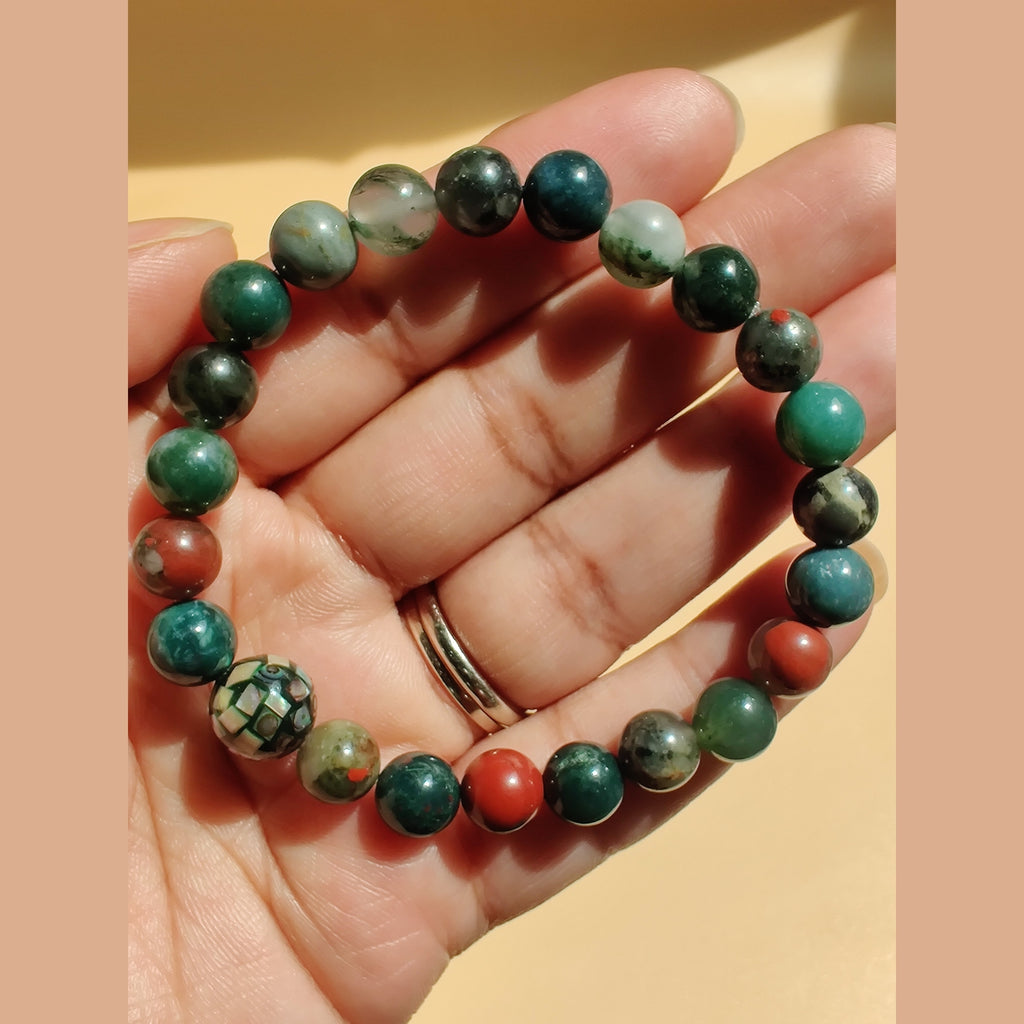 African bloodstone and moss agate stretch bracelet with abalone mosaic bead image 1