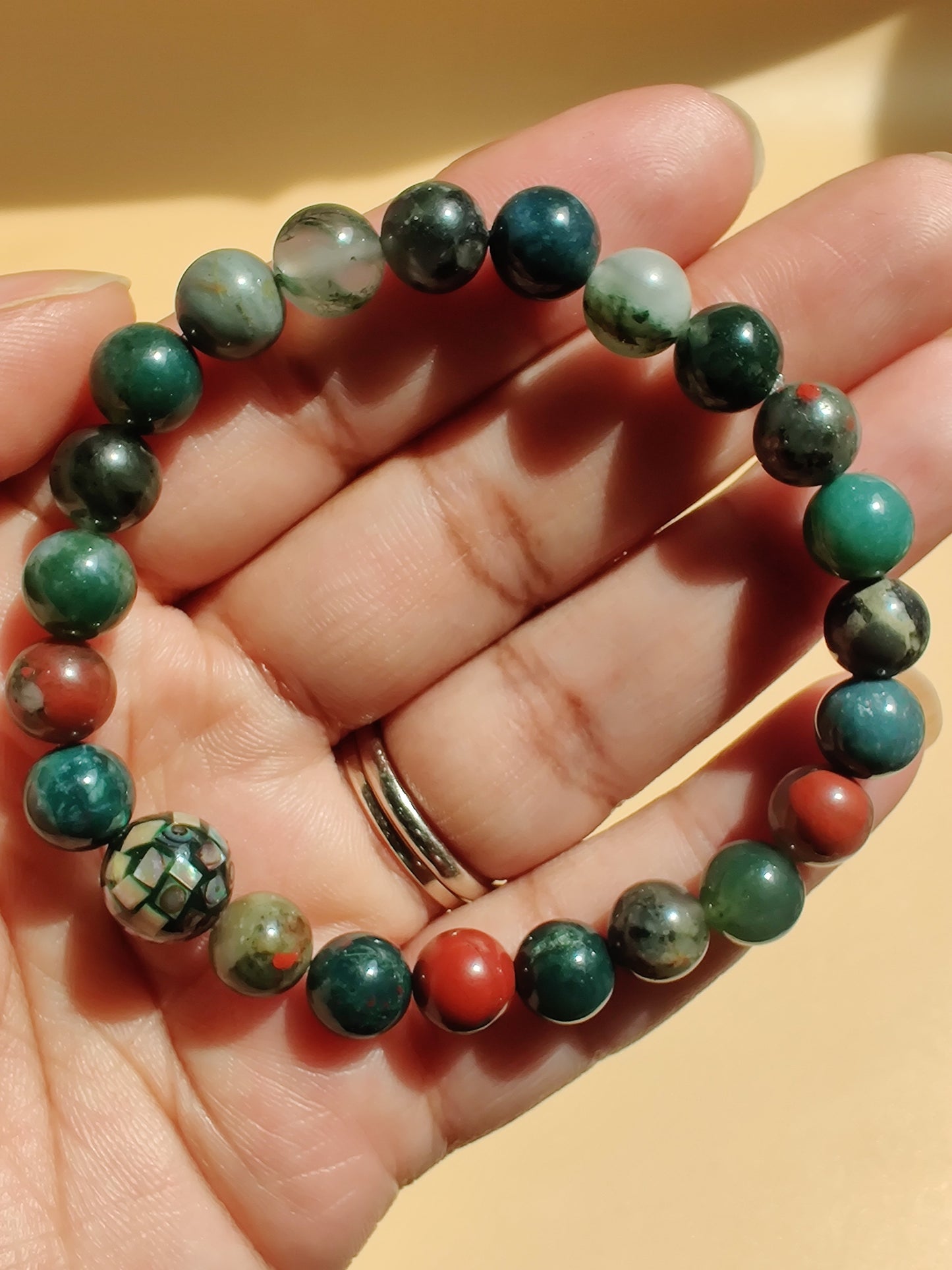 African bloodstone and moss agate stretch bracelet with abalone mosaic bead image 1