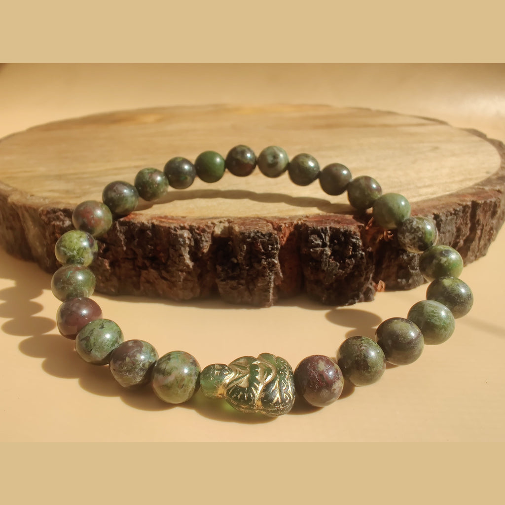 Cuprite and dragon blood jasper (A) stretch bracelet with Czech glass Buddha spacer image 0