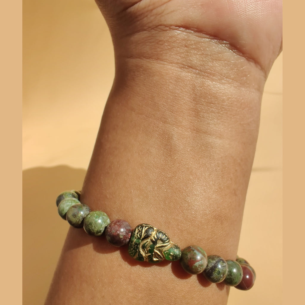 Cuprite and dragon blood jasper (A) stretch bracelet with Czech glass Buddha spacer image 2