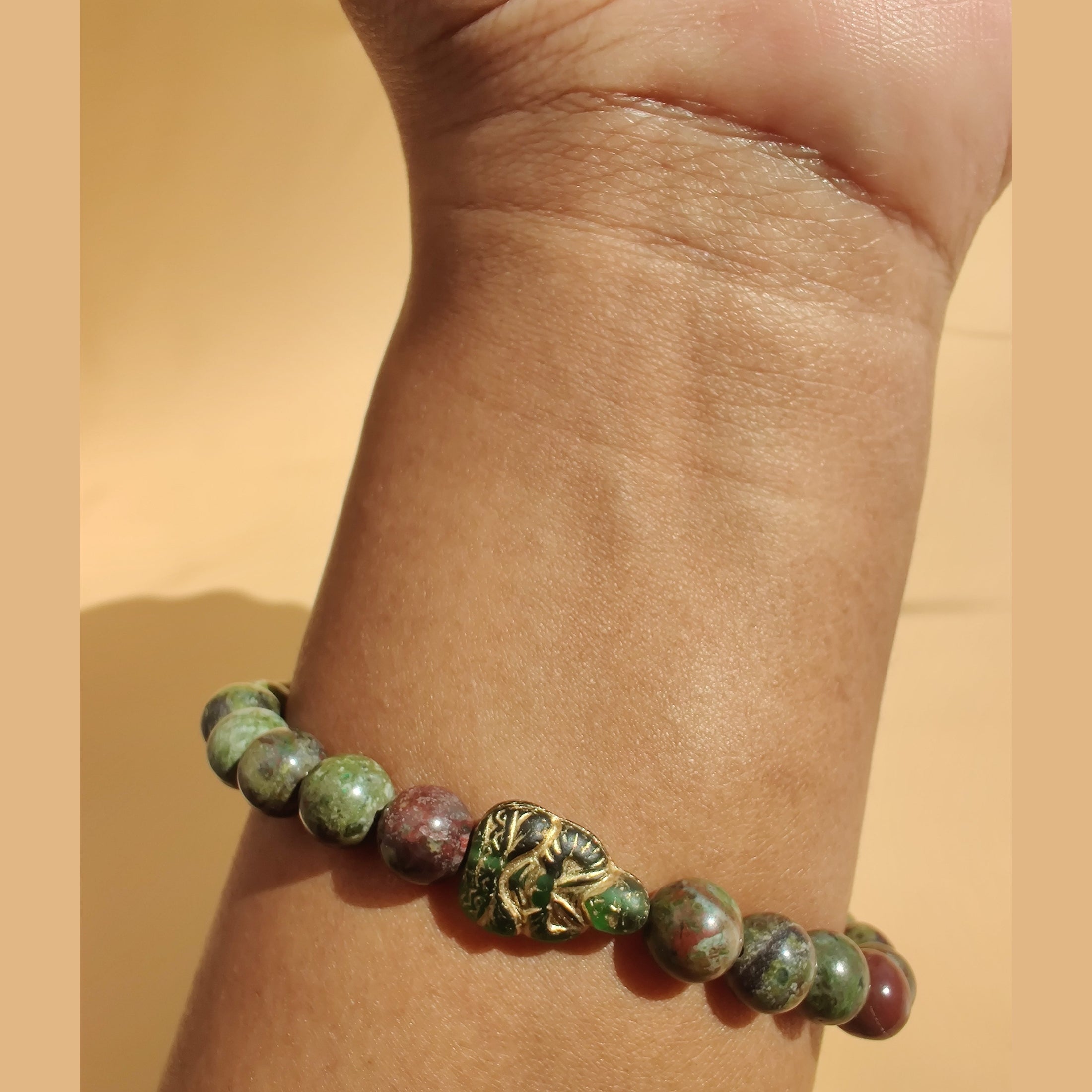 Cuprite and dragon blood jasper (A) stretch bracelet with Czech glass Buddha spacer image 2