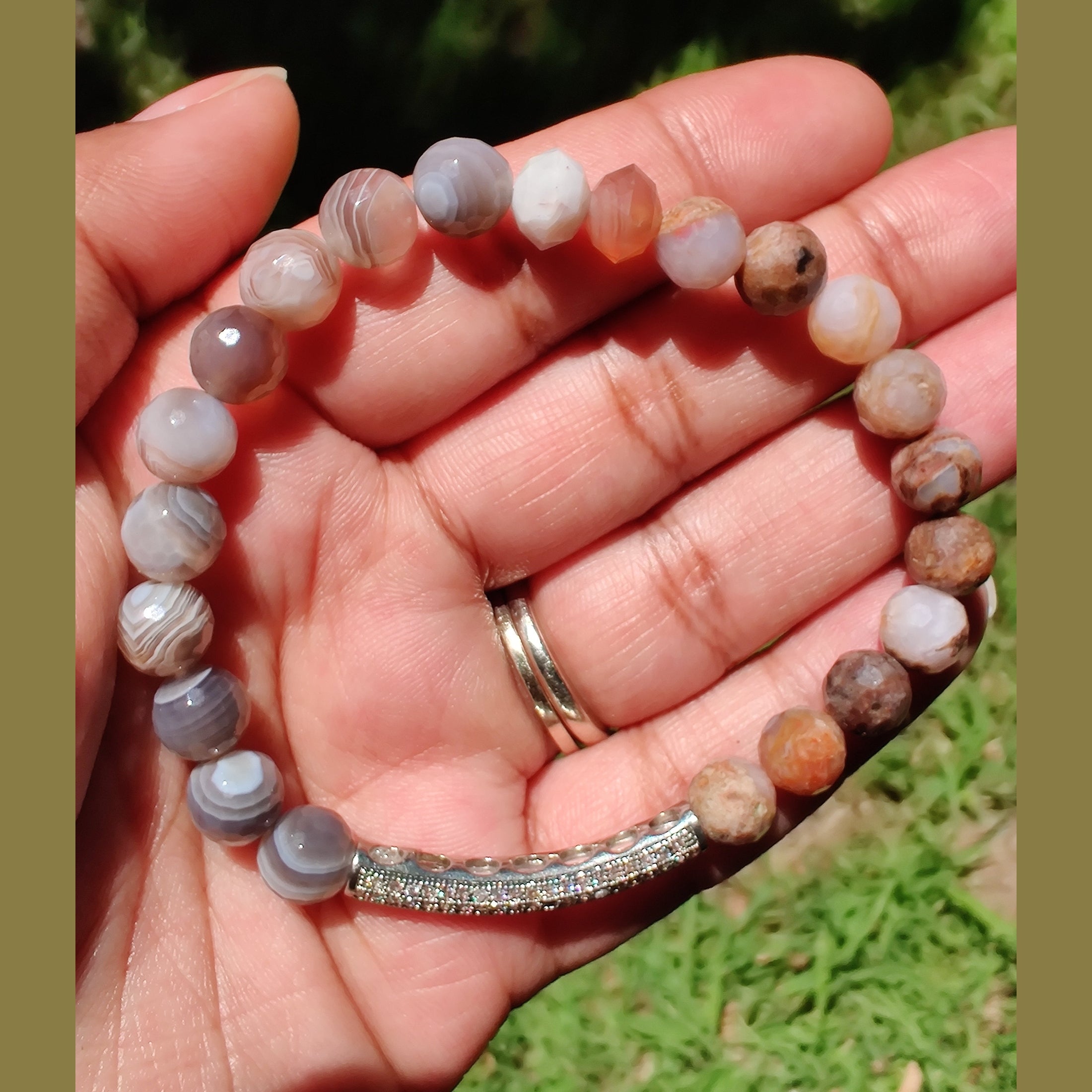 Faceted Botswana agate and red flame agate stretch bracelet image 1