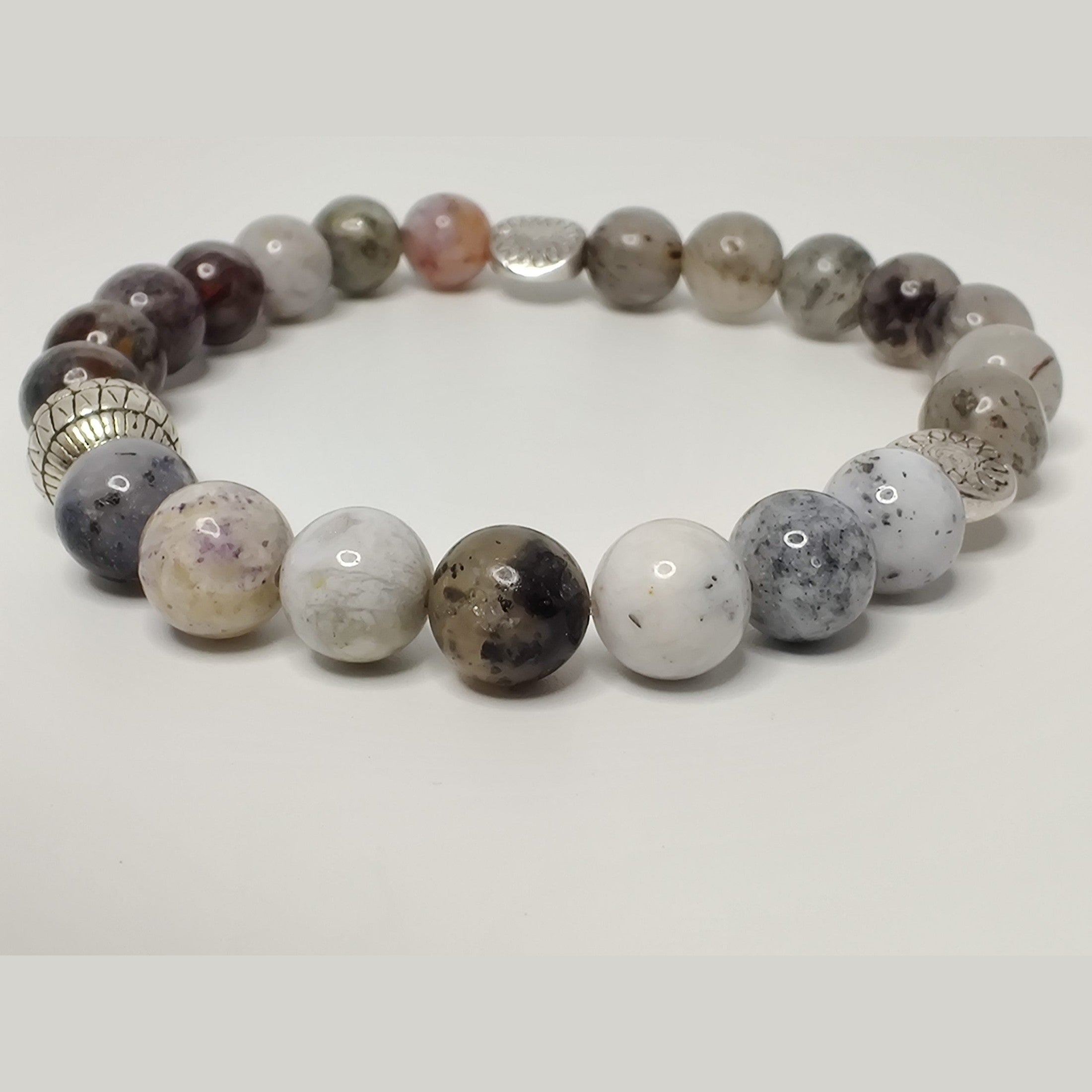 Black dendritic opal, pietersite, and lodolite stretch bracelet with silver tone flower spacers and antique silver (plated) basket round bead image 0